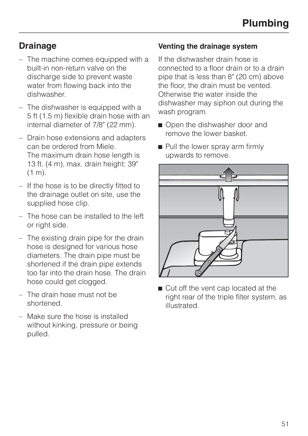 Miele G 2150, G 1150 operating instructions Drainage, Venting the drainage system 