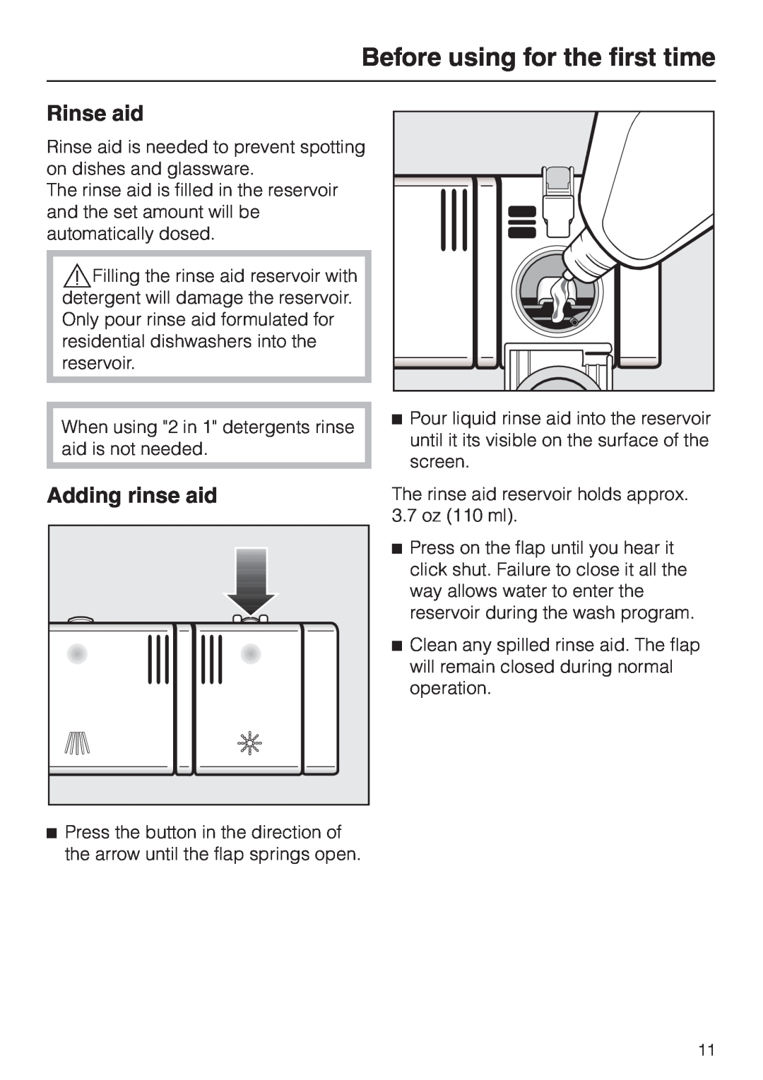 Miele G 2150, G 1150 operating instructions Rinse aid, Adding rinse aid, Before using for the first time 