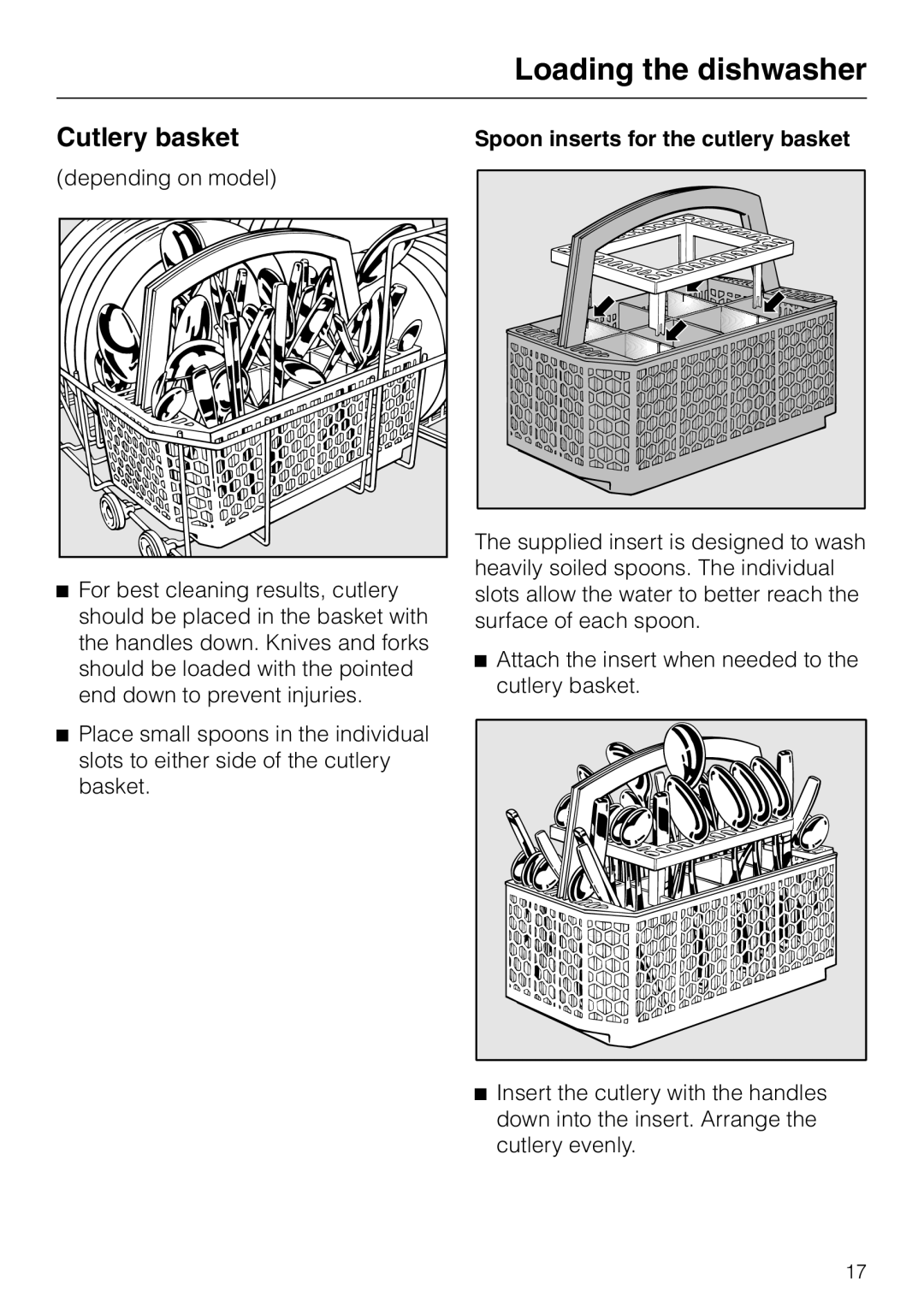 Miele G 2150, G 1150 operating instructions Cutlery basket, Loading the dishwasher, Spoon inserts for the cutlery basket 