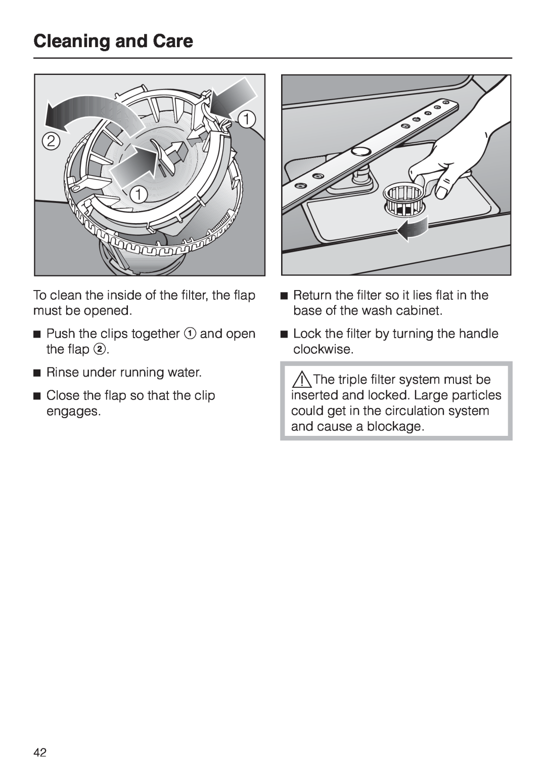Miele G 1150, G 2150 operating instructions Cleaning and Care, Push the clips together a and open the flap b 