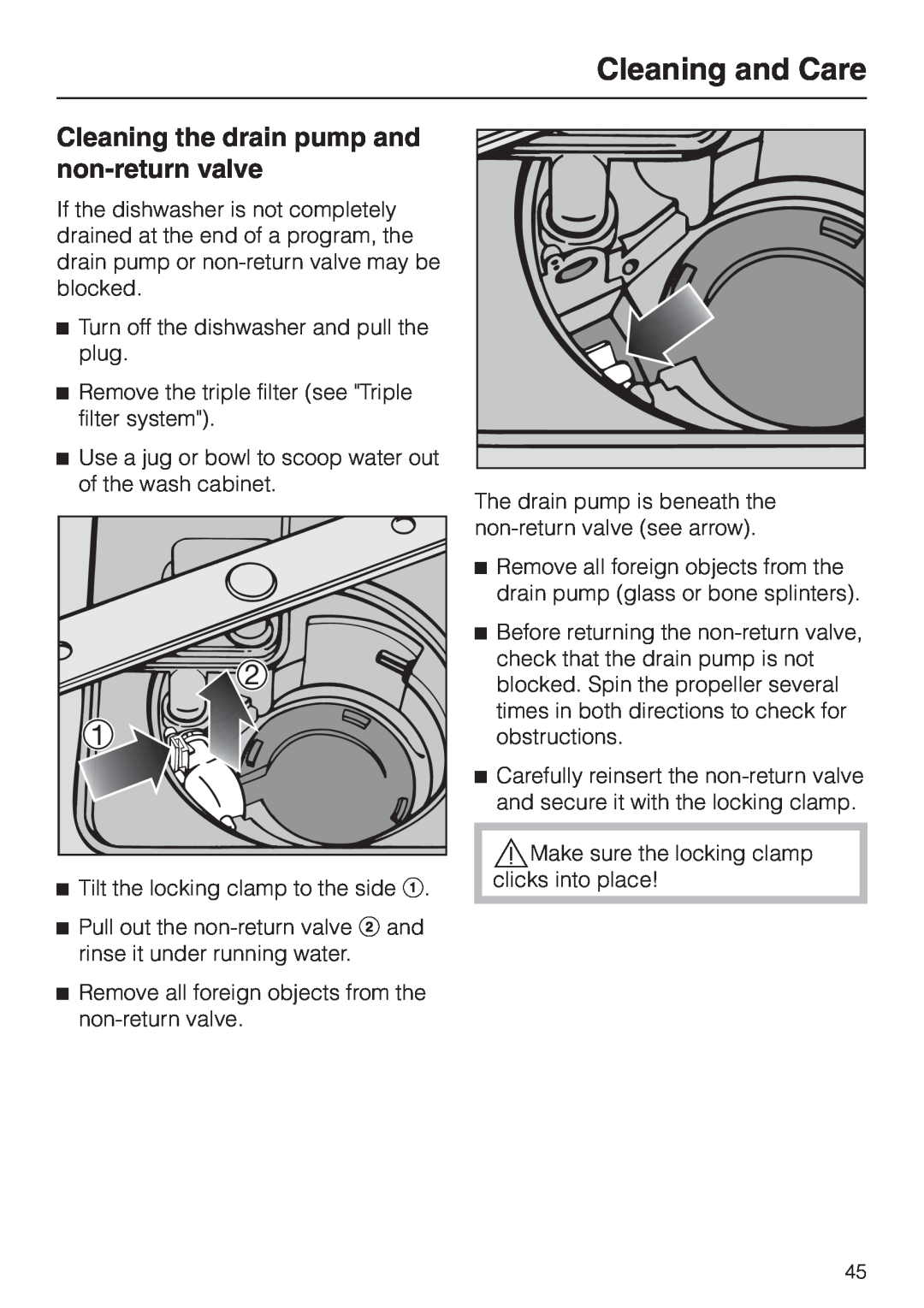 Miele G 2150, G 1150 operating instructions Cleaning the drain pump and non-returnvalve, Cleaning and Care 