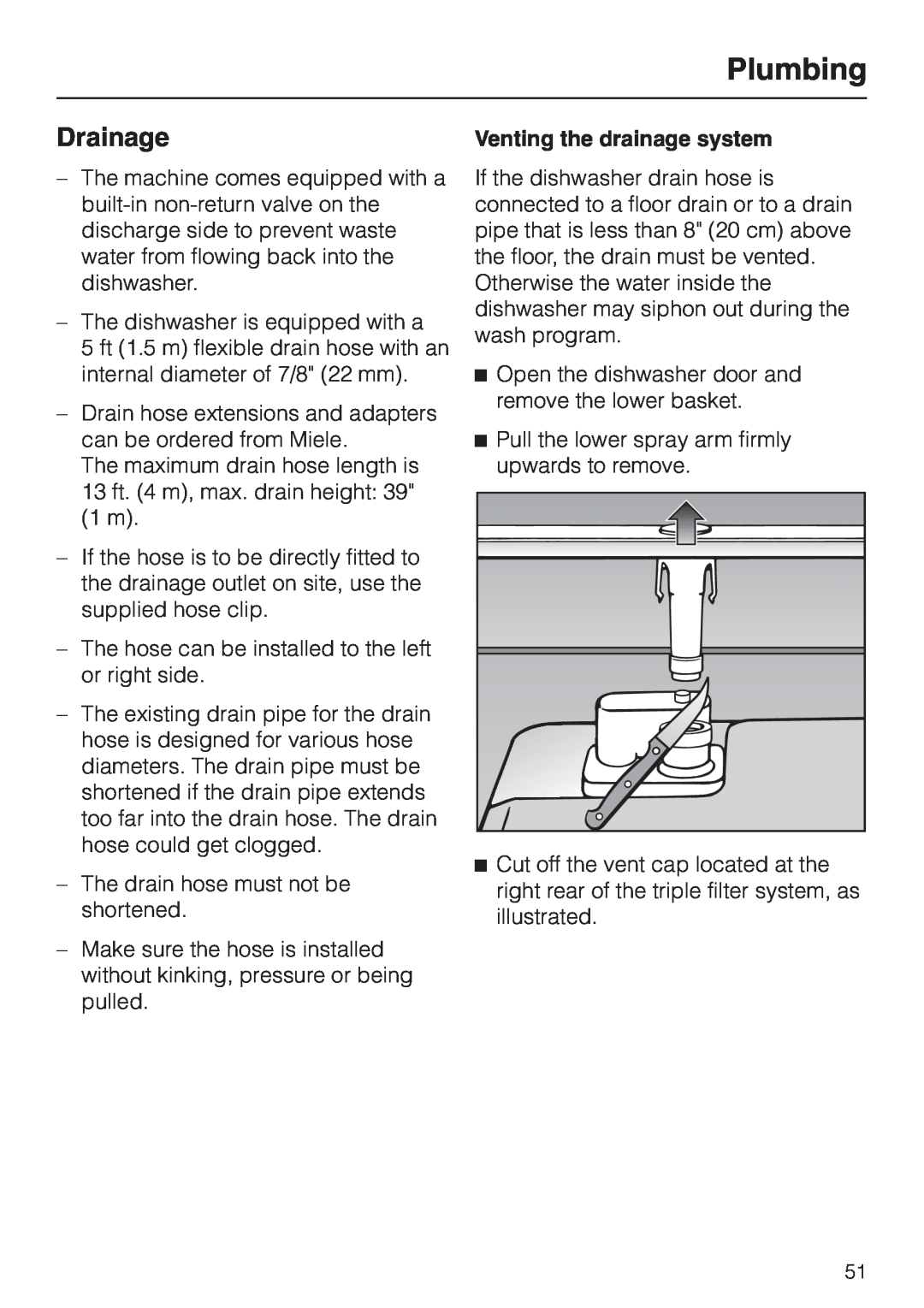 Miele G 2150, G 1150 operating instructions Drainage, Plumbing, Venting the drainage system 