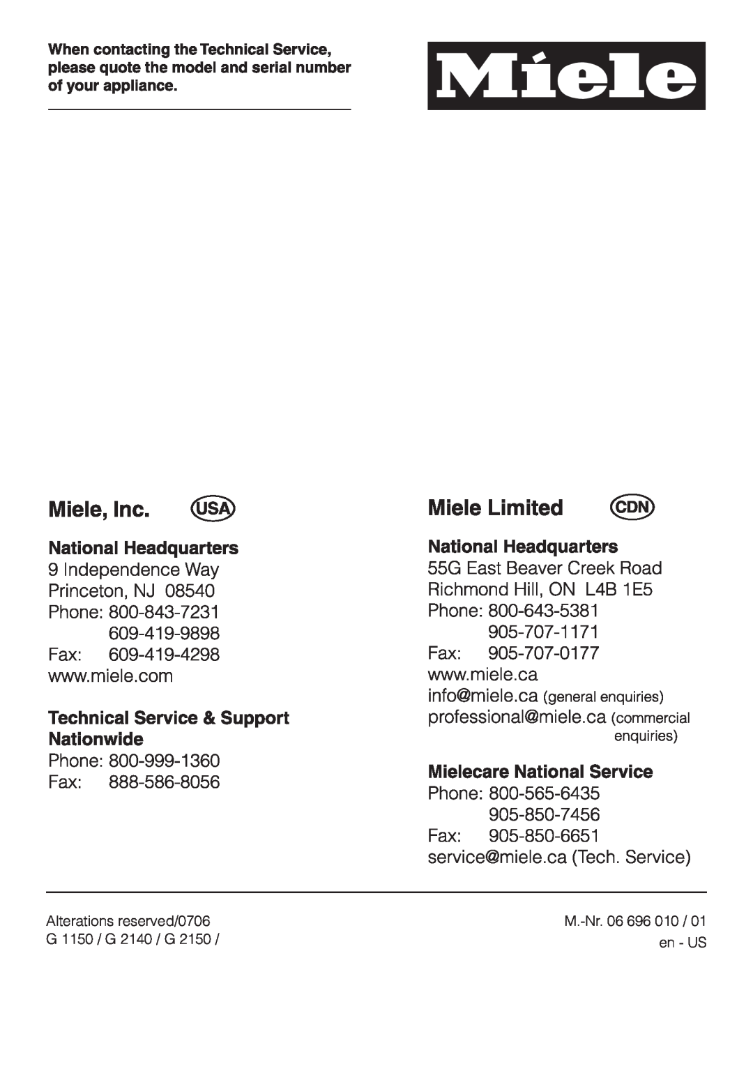 Miele G 2150 operating instructions Alterations reserved/0706, G 1150 / G 2140 / G, en - US, M.-Nr.06 696 010 