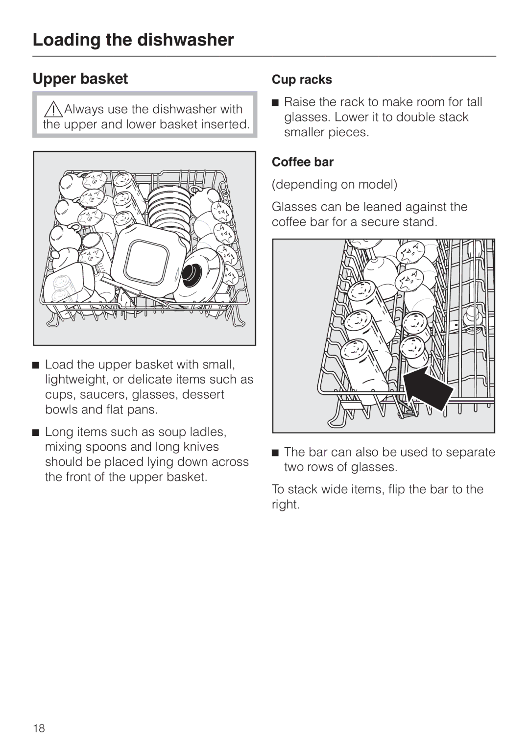 Miele G 1180 manual Upper basket, Cup racks, Coffee bar 