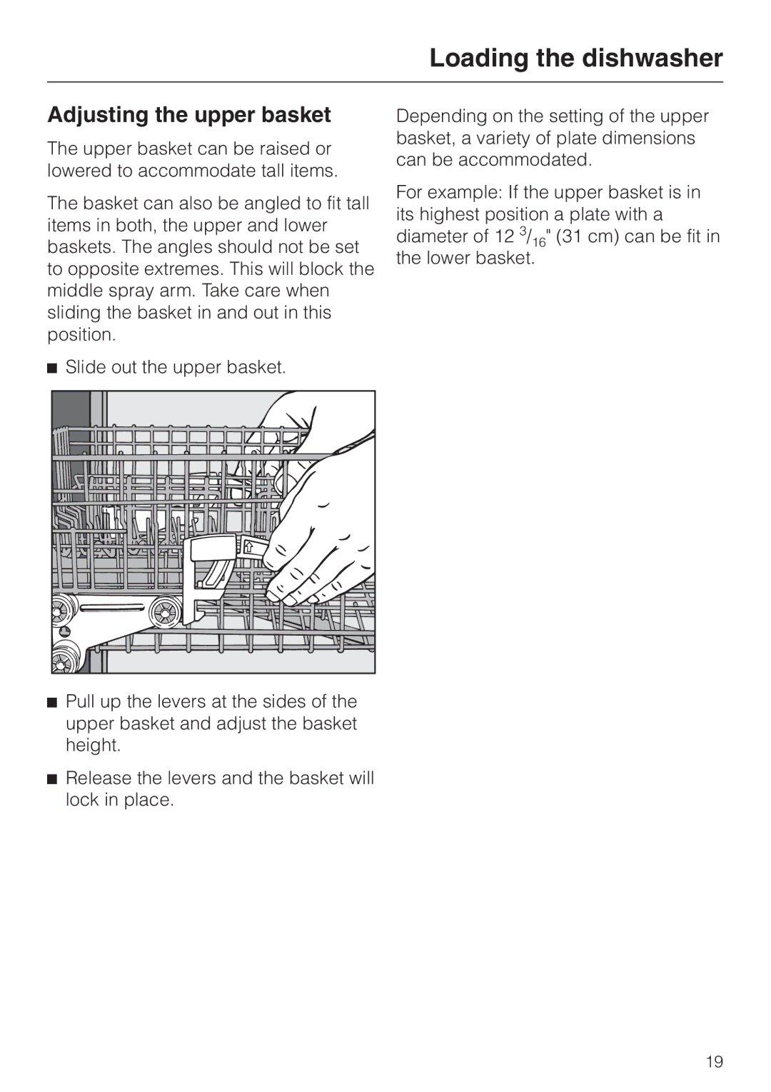 Miele G 1180 manual Adjusting the upper basket, Slide out the upper basket 