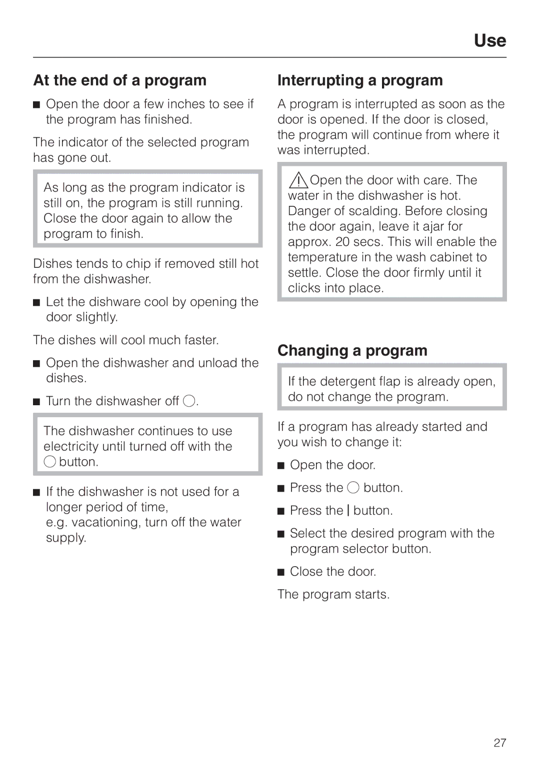 Miele G 1180 manual At the end of a program, Interrupting a program, Changing a program 