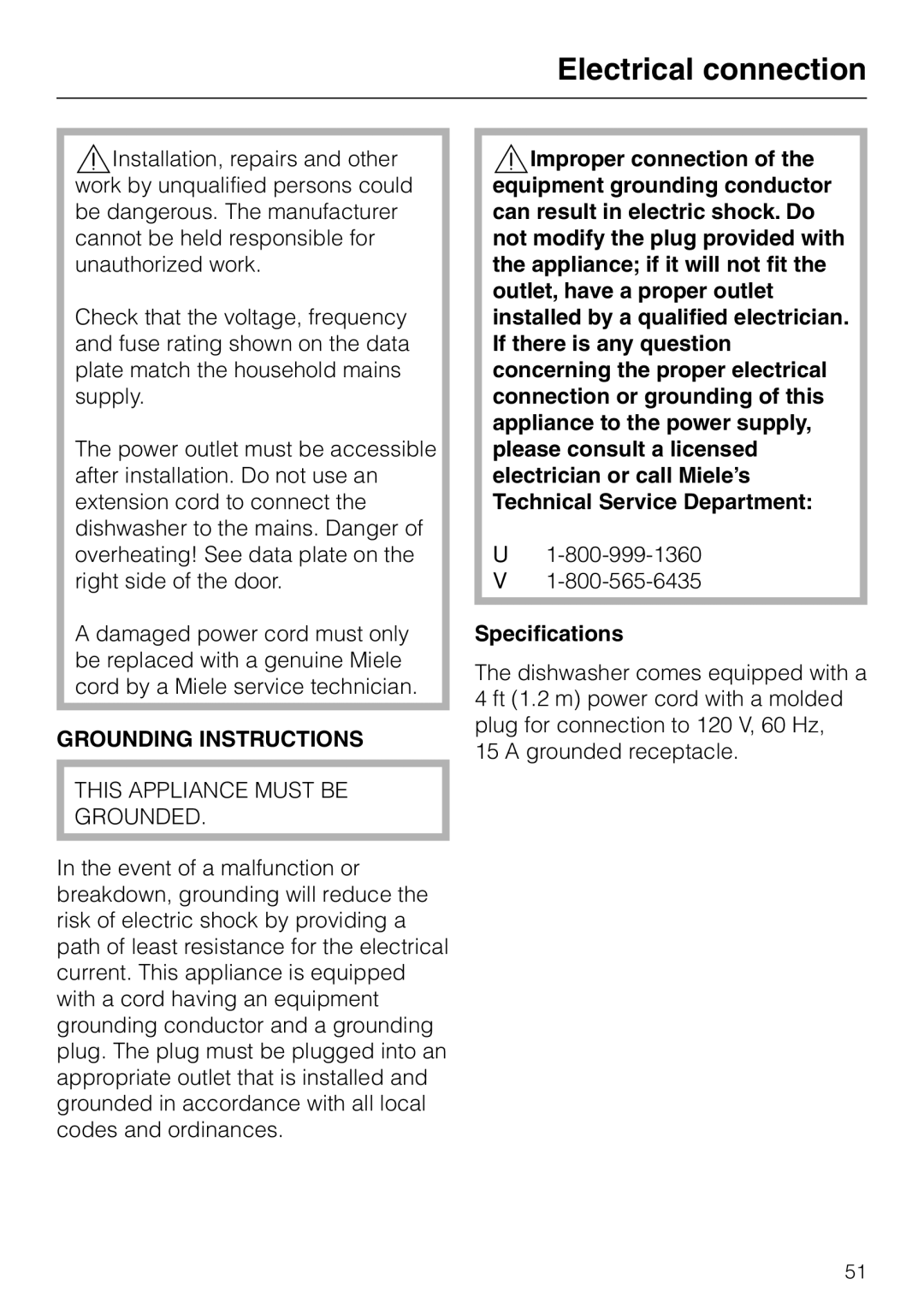 Miele G 1180 manual Electrical connection, Grounding Instructions 