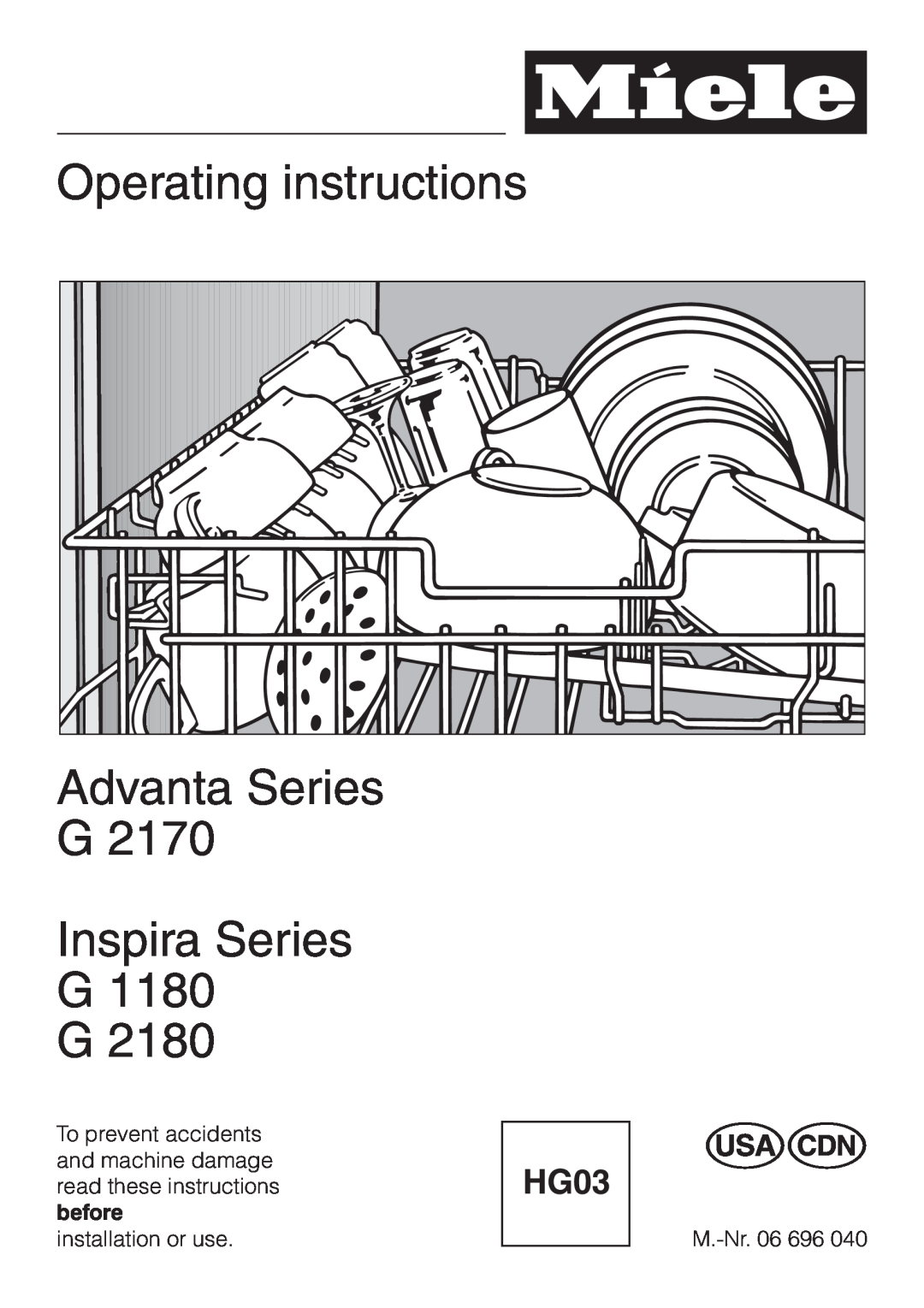 Miele G 1180 manual Operating instructions Advanta Series G, Inspira Series G1180 G2180 