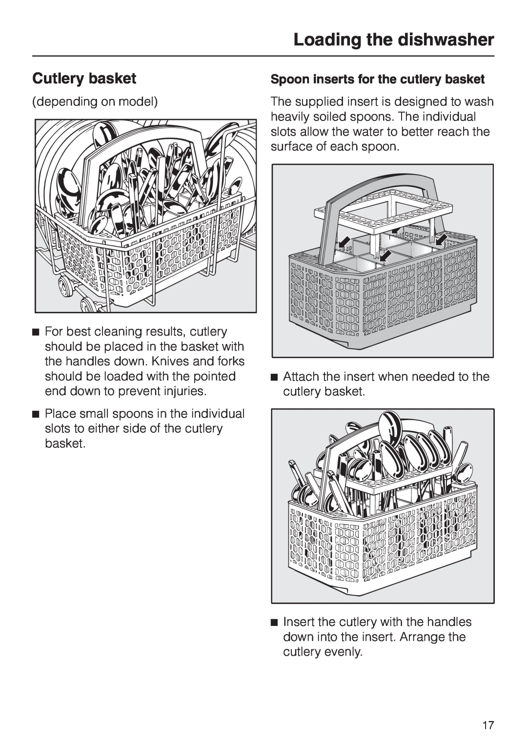 Miele G 1180 manual Cutlery basket, Loading the dishwasher, Spoon inserts for the cutlery basket 