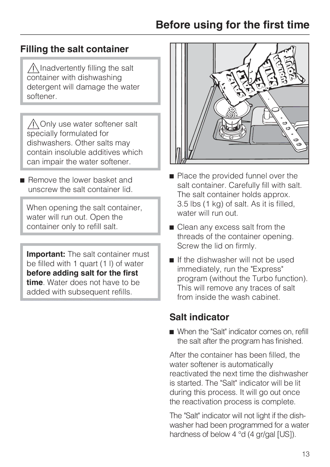 Miele G 1202 manual Filling the salt container, Salt indicator 