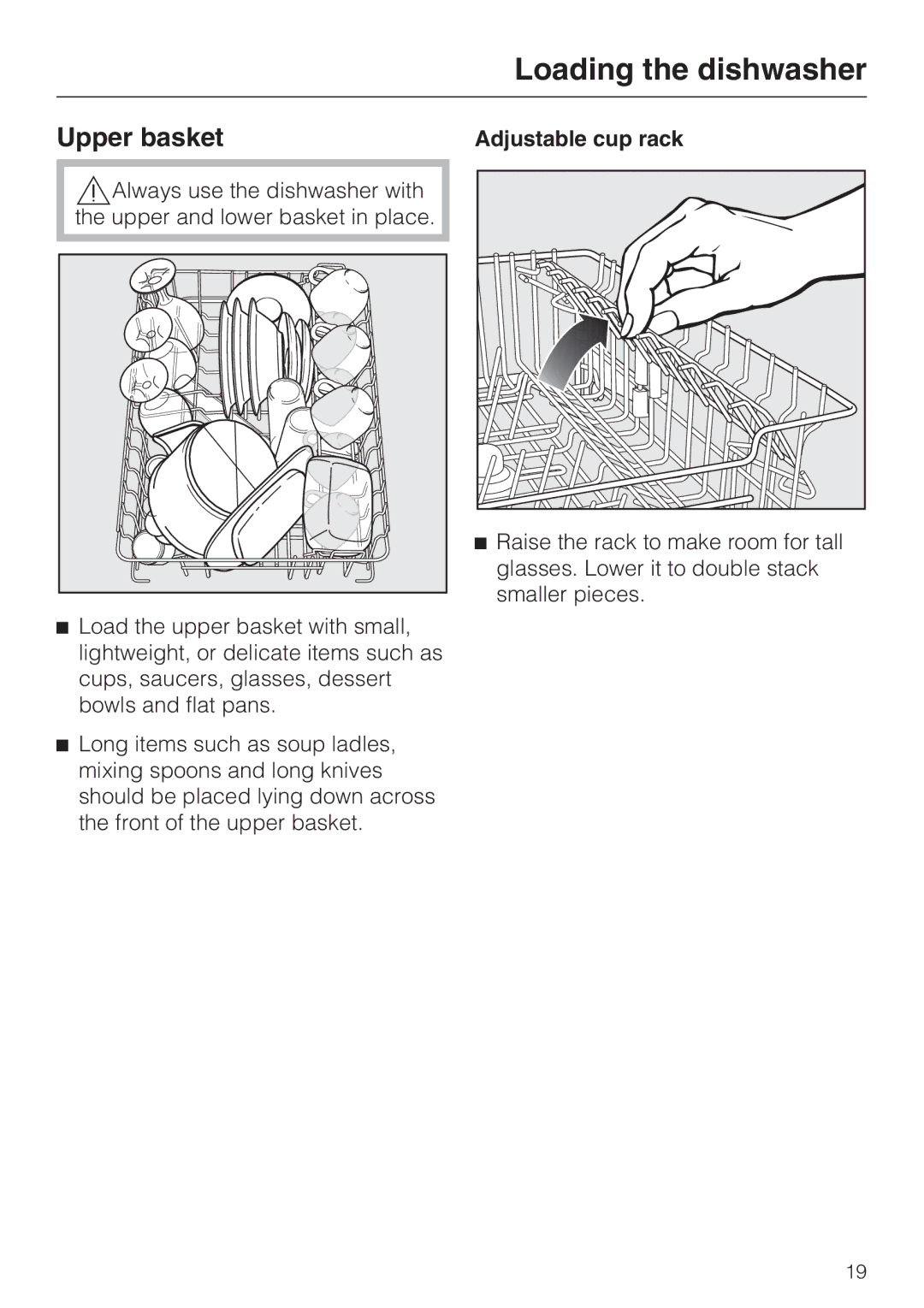 Miele G 1202 manual Upper basket, Adjustable cup rack 