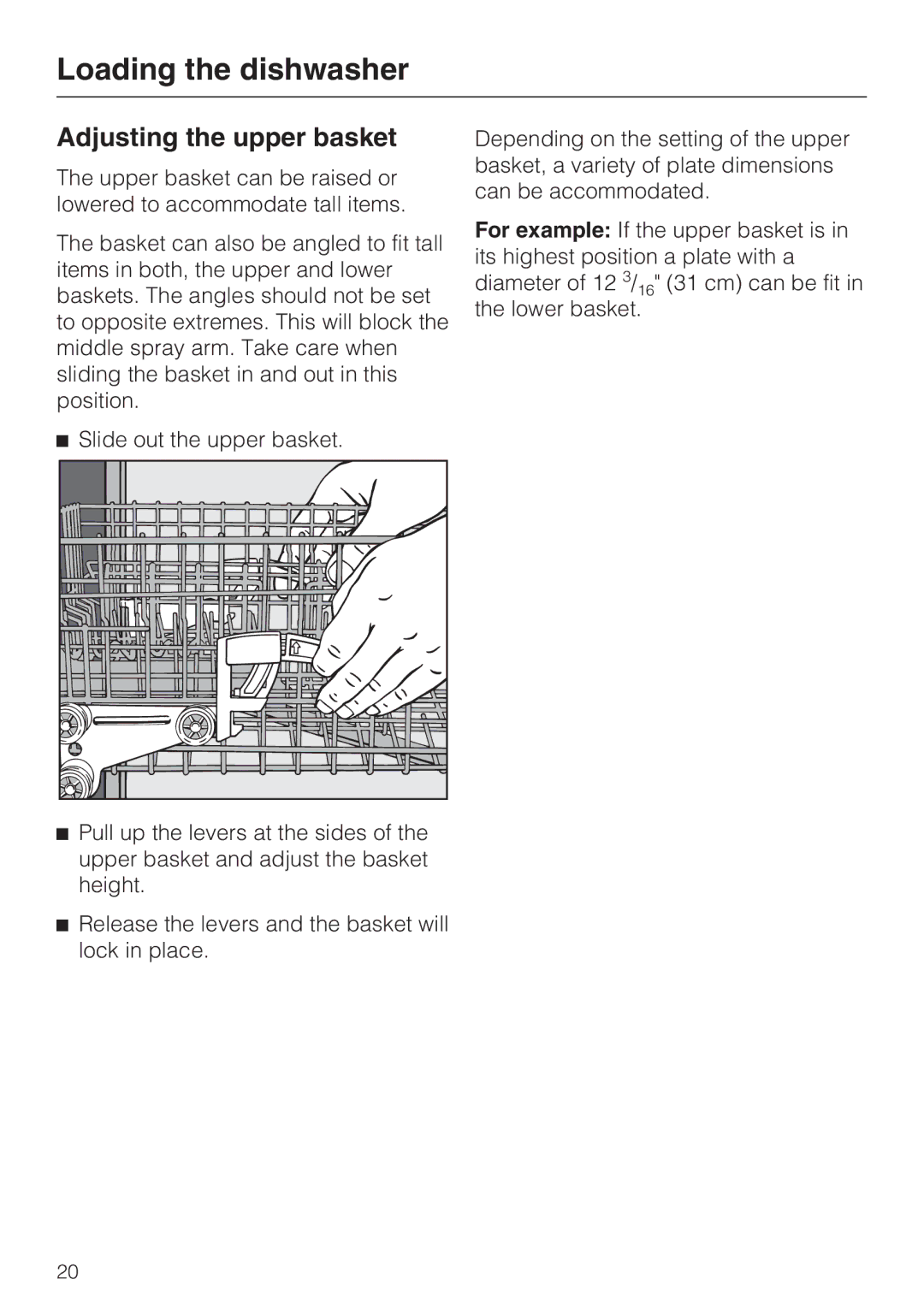 Miele G 1202 manual Adjusting the upper basket 