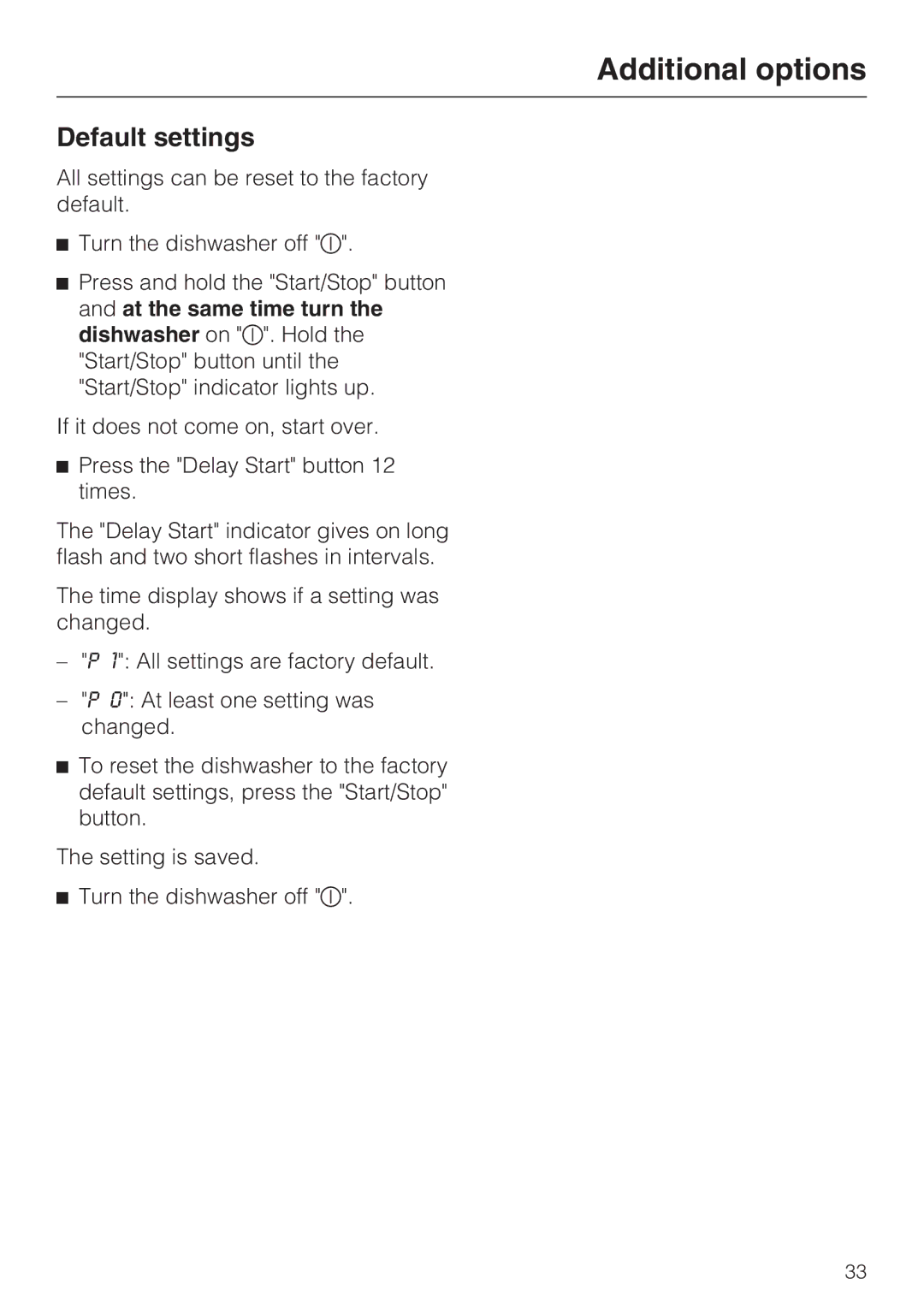 Miele G 1202 manual Default settings 