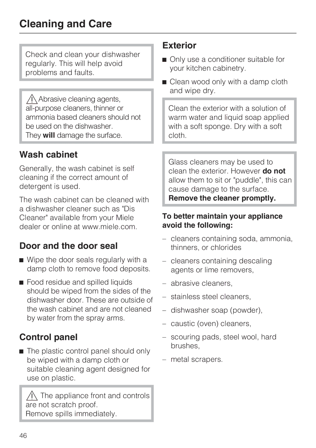 Miele G 1202 manual Cleaning and Care, Exterior, Wash cabinet, Door and the door seal 