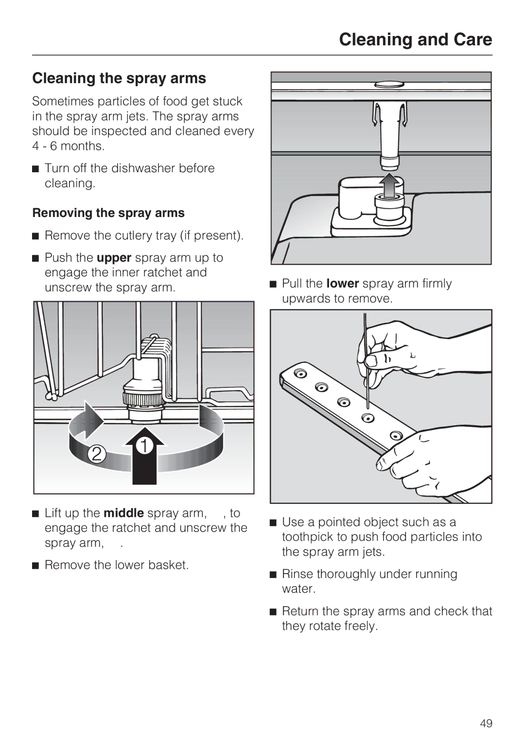 Miele G 1202 manual Cleaning the spray arms, Removing the spray arms 