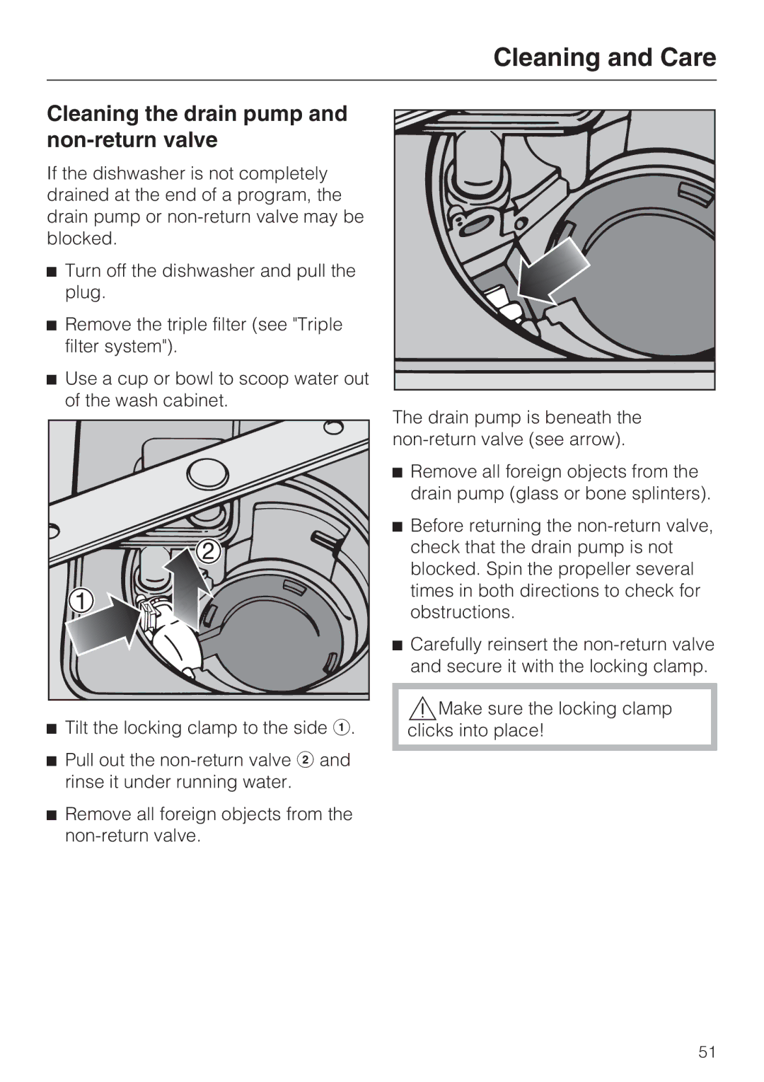 Miele G 1202 manual Cleaning the drain pump and non-return valve 