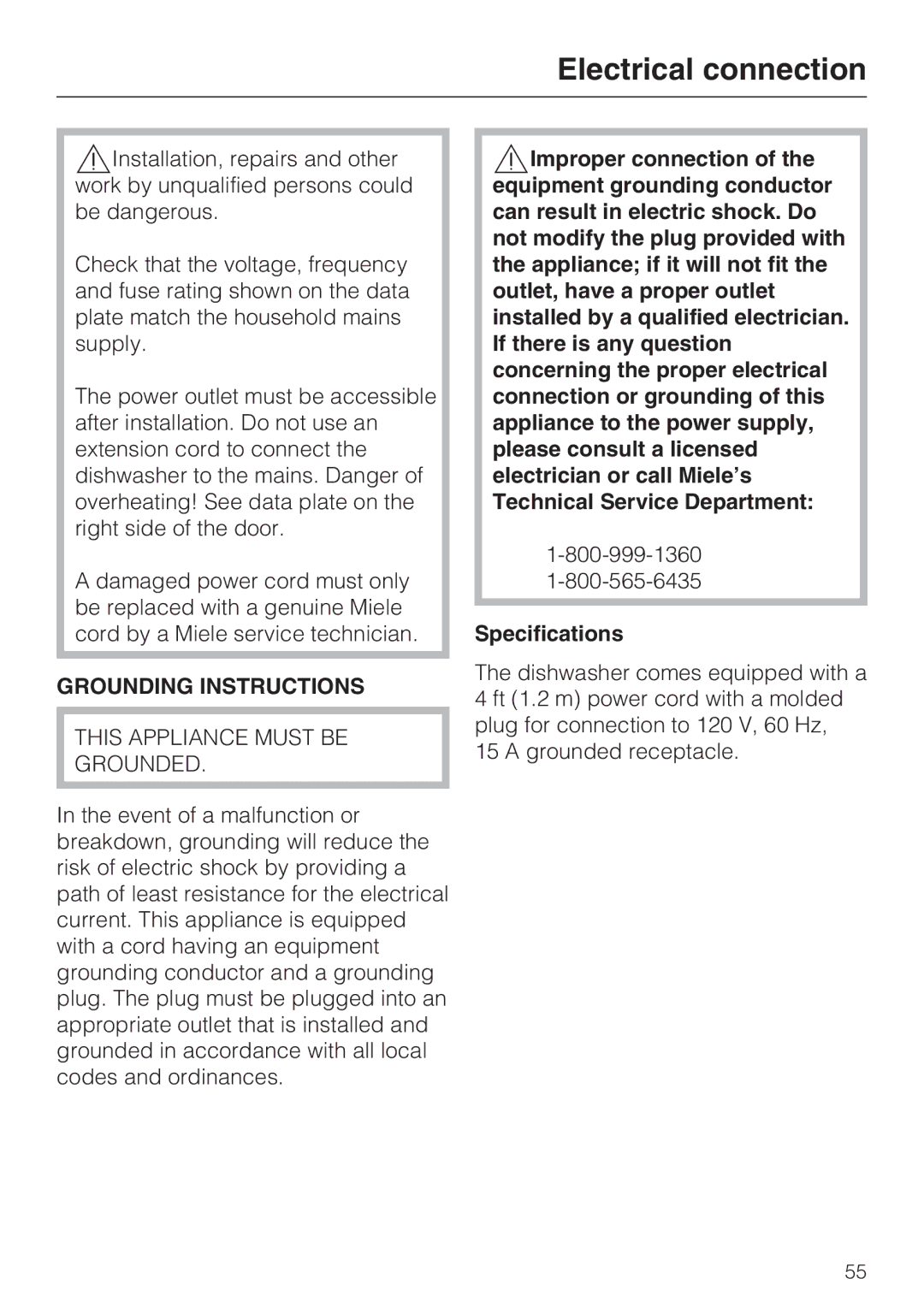 Miele G 1202 manual Electrical connection, Grounding Instructions 