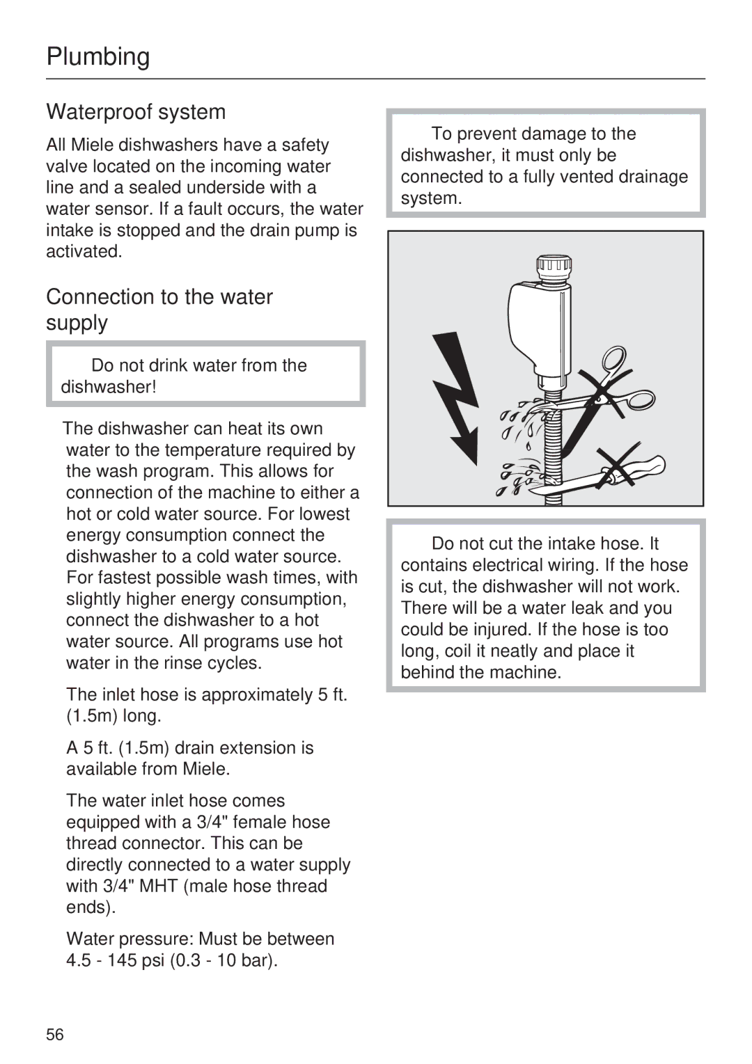 Miele G 1202 manual Plumbing, Waterproof system, Connection to the water supply 