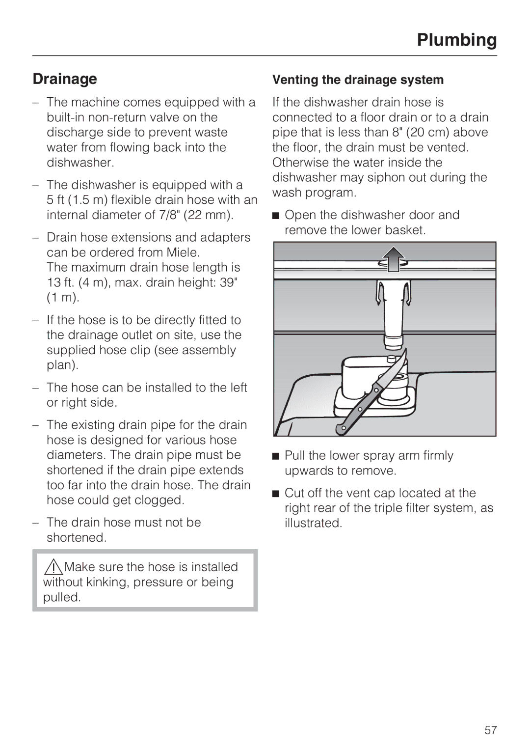 Miele G 1202 manual Drainage, Venting the drainage system 