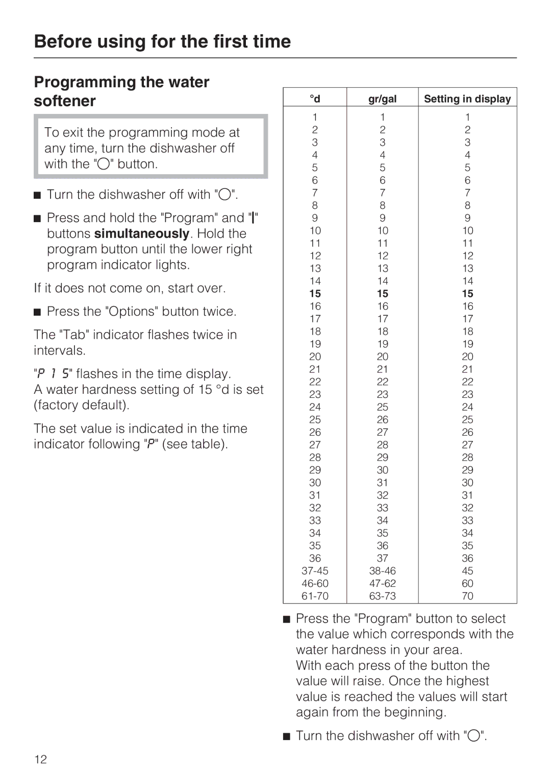 Miele G 1262 manual Programming the water softener 