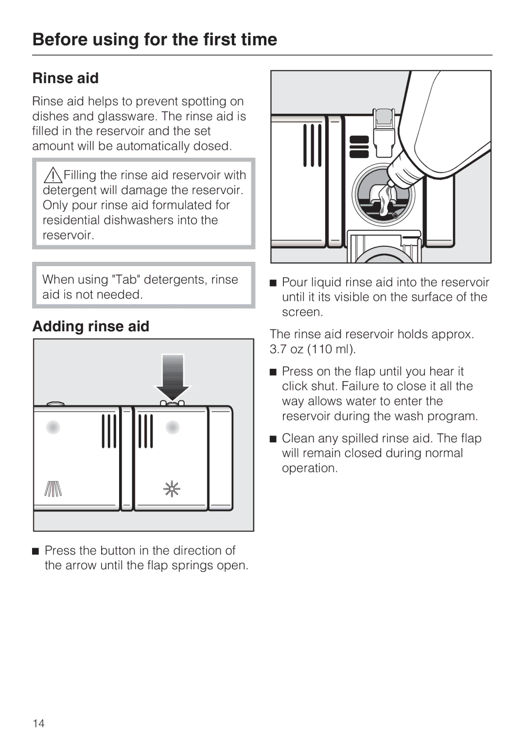 Miele G 1262 manual Rinse aid, Adding rinse aid 