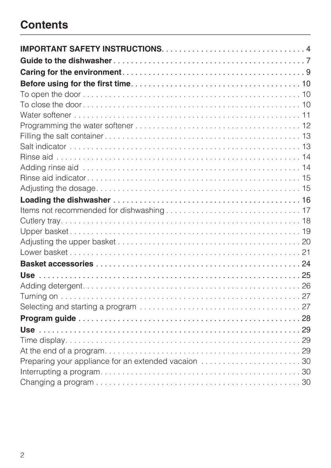 Miele G 1262 manual Contents 