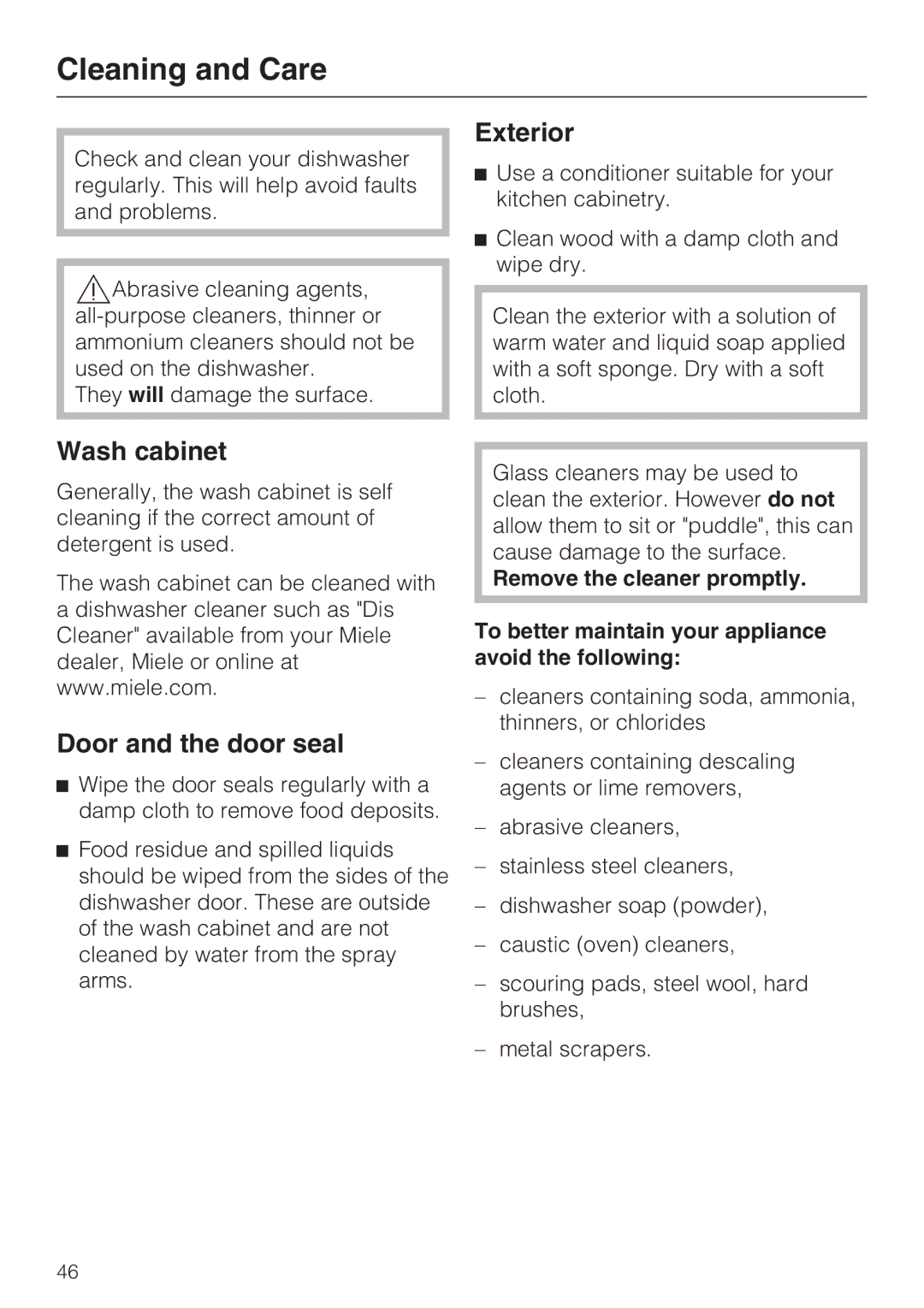 Miele G 1262 manual Cleaning and Care, Exterior, Wash cabinet, Door and the door seal 