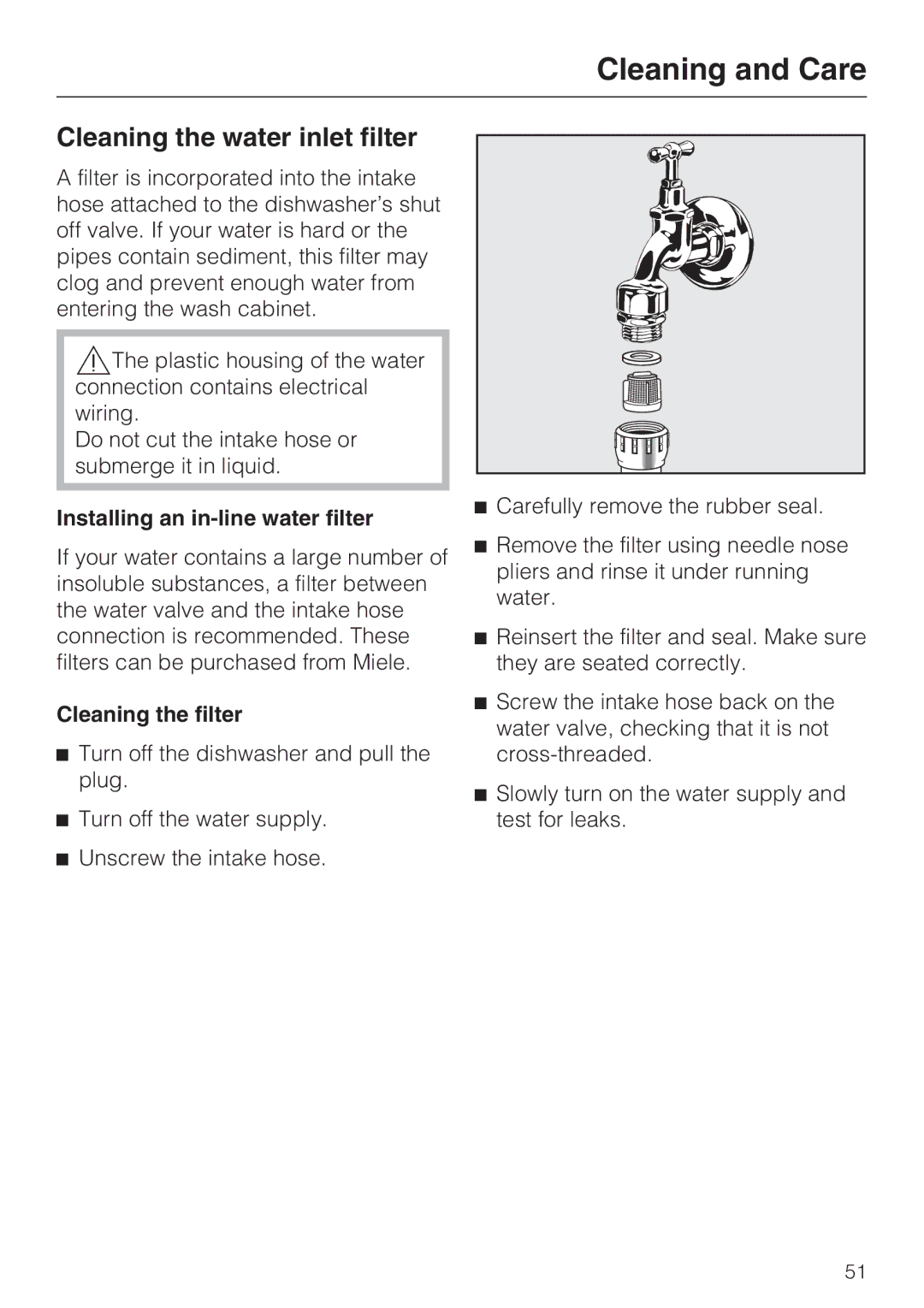 Miele G 1262 manual Cleaning the water inlet filter, Installing an in-line water filter, Cleaning the filter 