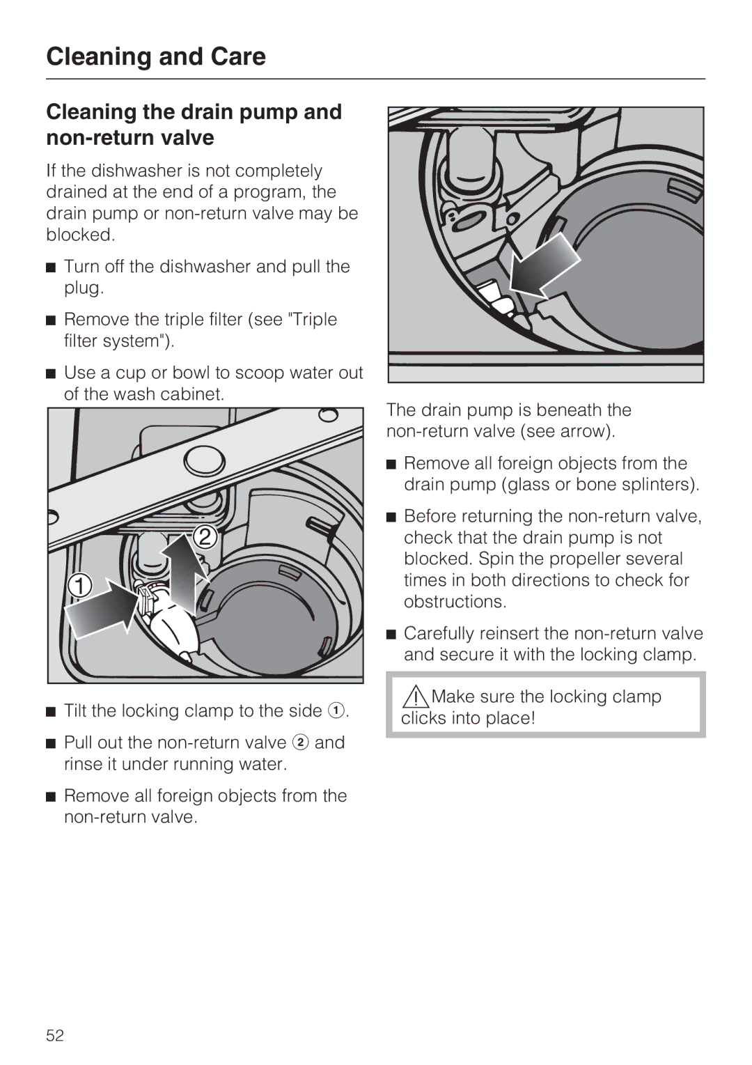 Miele G 1262 manual Cleaning the drain pump and non-return valve 