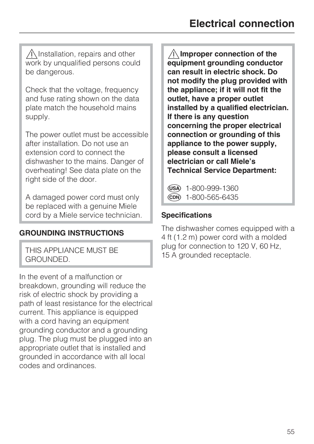 Miele G 1262 manual Electrical connection, Grounding Instructions 