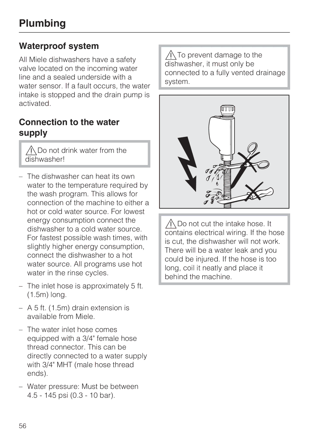 Miele G 1262 manual Plumbing, Waterproof system, Connection to the water supply 