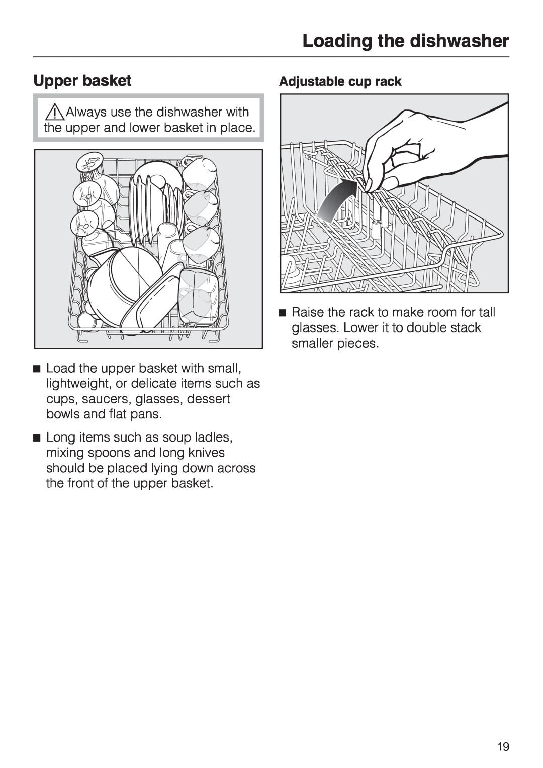 Miele G 1262 manual Upper basket, Loading the dishwasher, Adjustable cup rack 