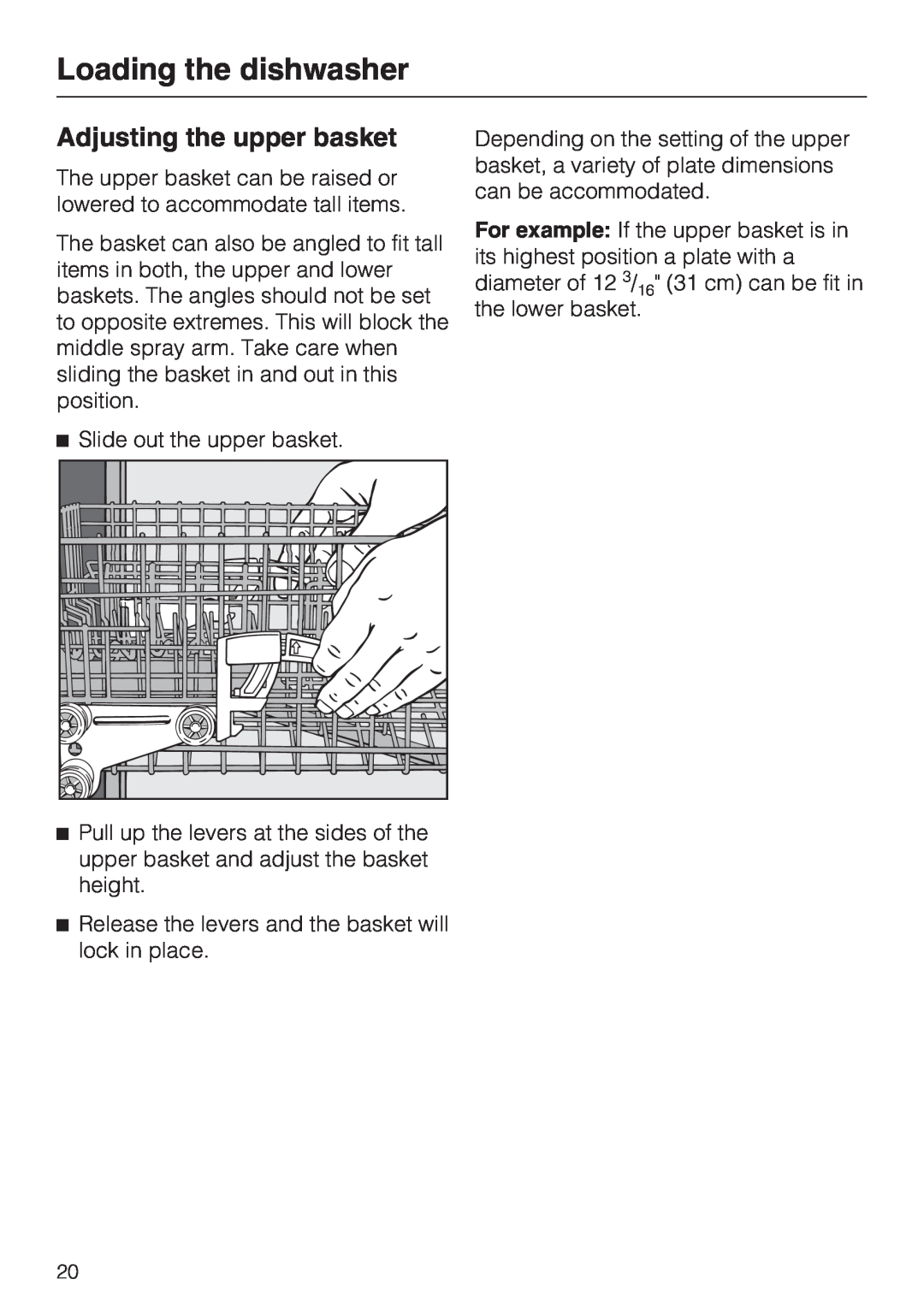 Miele G 1262 manual Adjusting the upper basket, Loading the dishwasher 