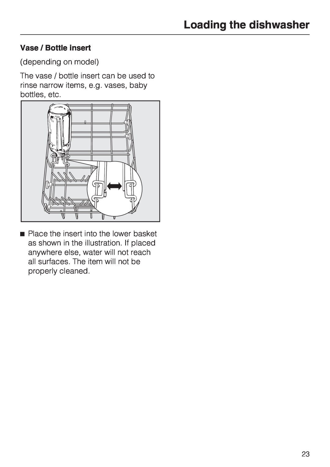 Miele G 1262 manual Loading the dishwasher, Vase / Bottle insert 