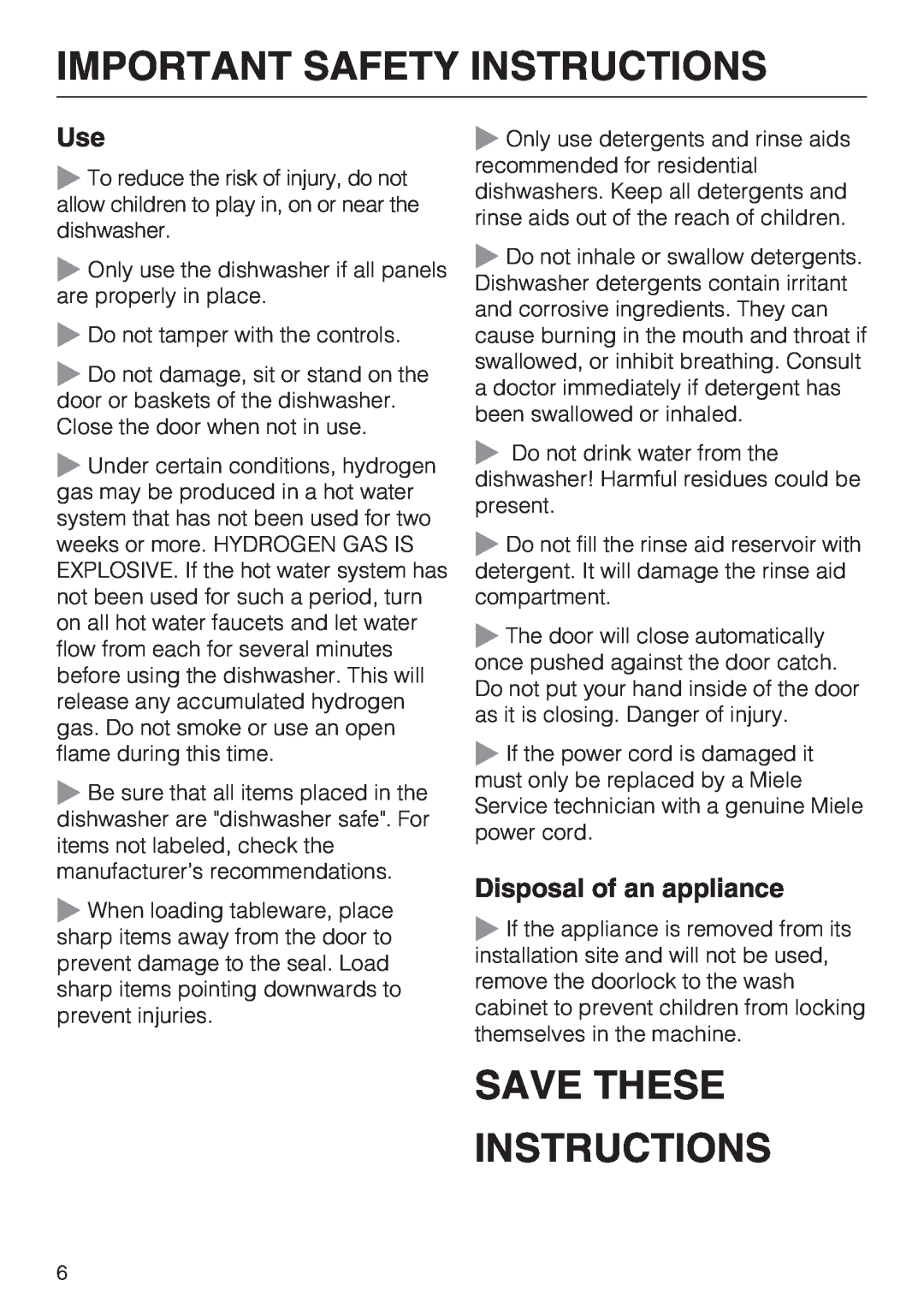 Miele G 1262 manual Save These Instructions, Disposal of an appliance, Important Safety Instructions 