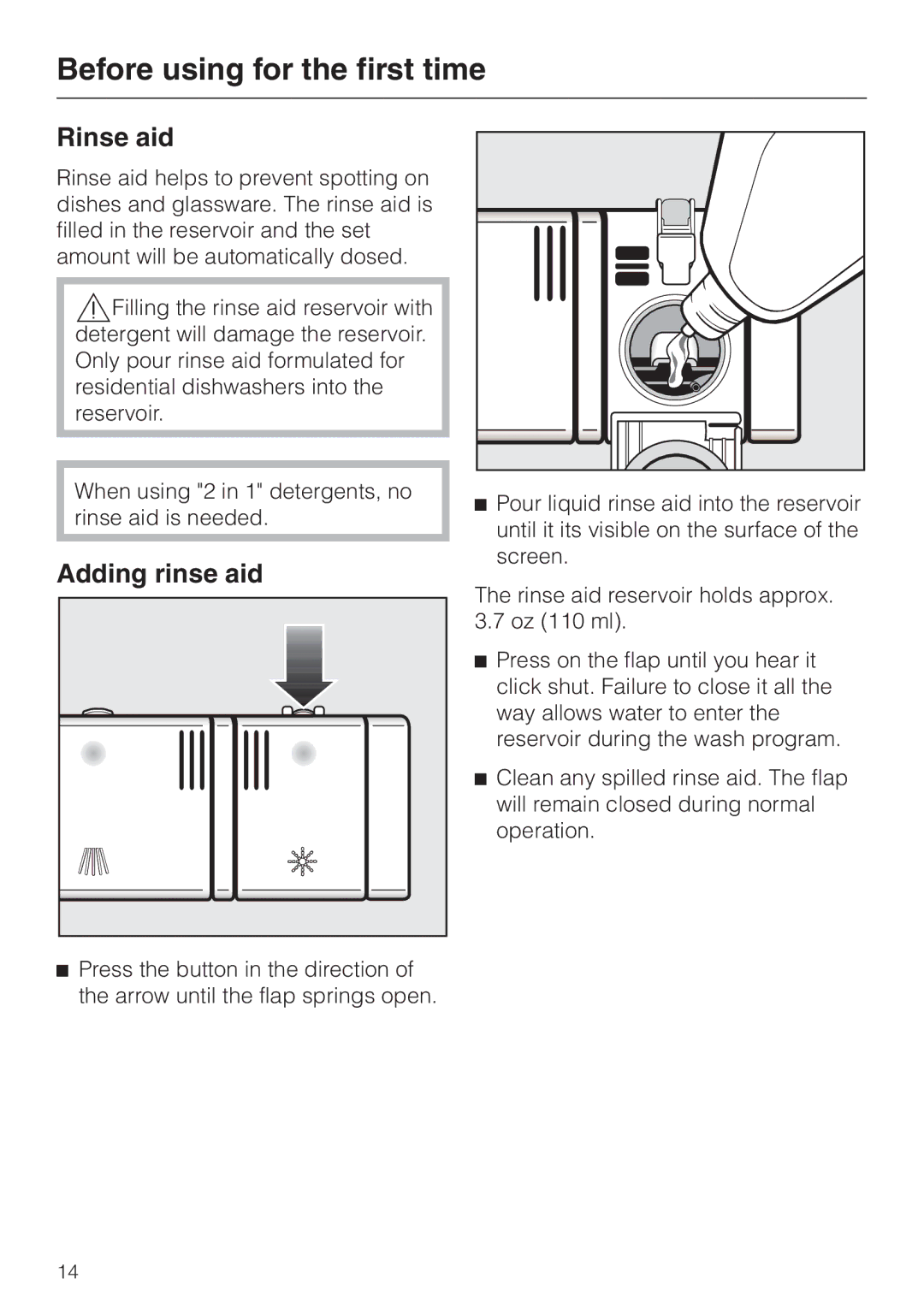 Miele G 1470, G 2470 manual Rinse aid, Adding rinse aid 