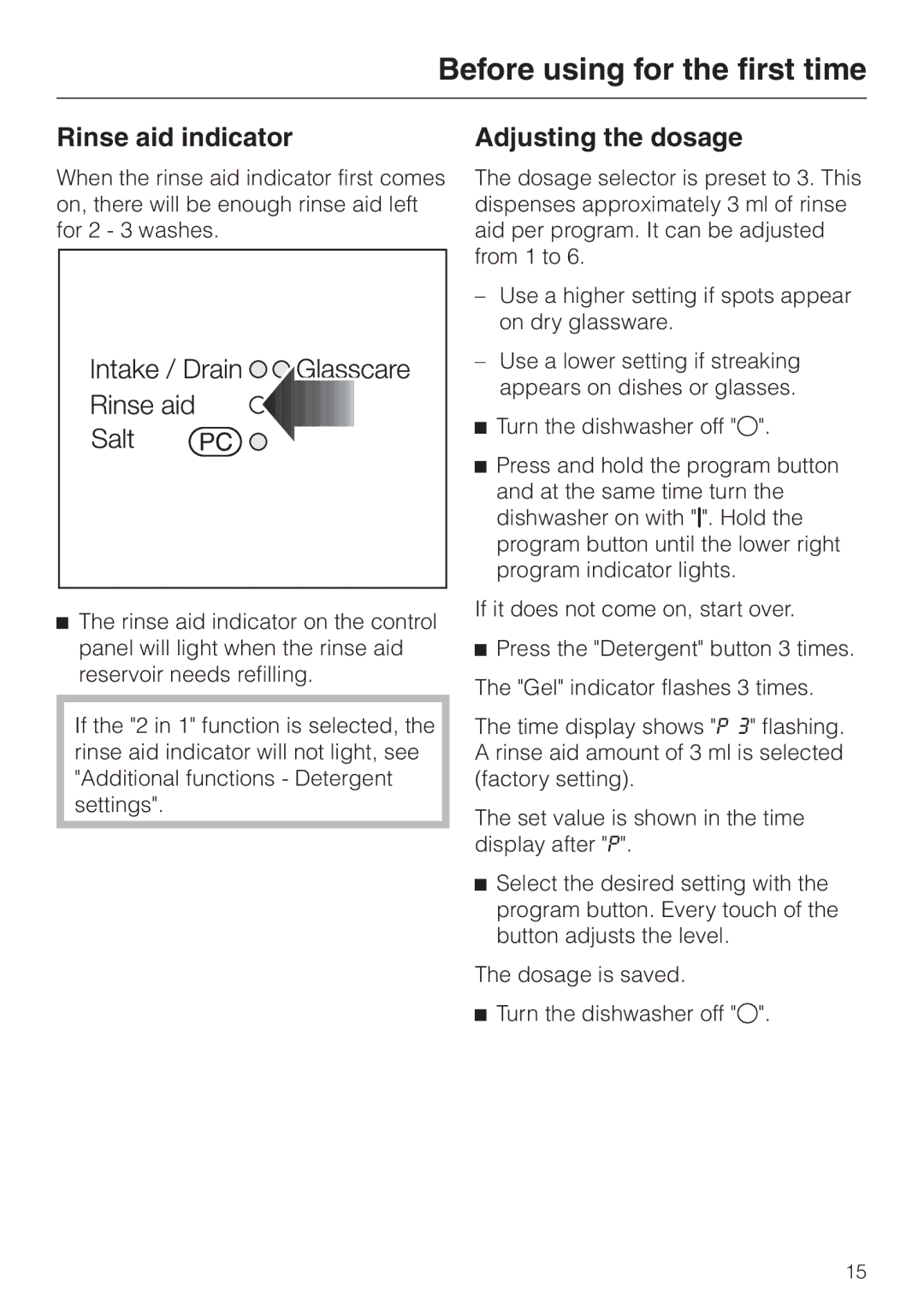 Miele G 2470, G 1470 manual Rinse aid indicator, Adjusting the dosage 