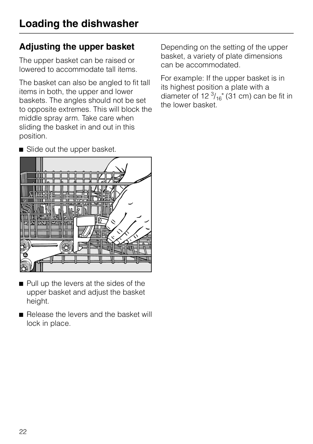 Miele G 1470, G 2470 manual Adjusting the upper basket, Slide out the upper basket 