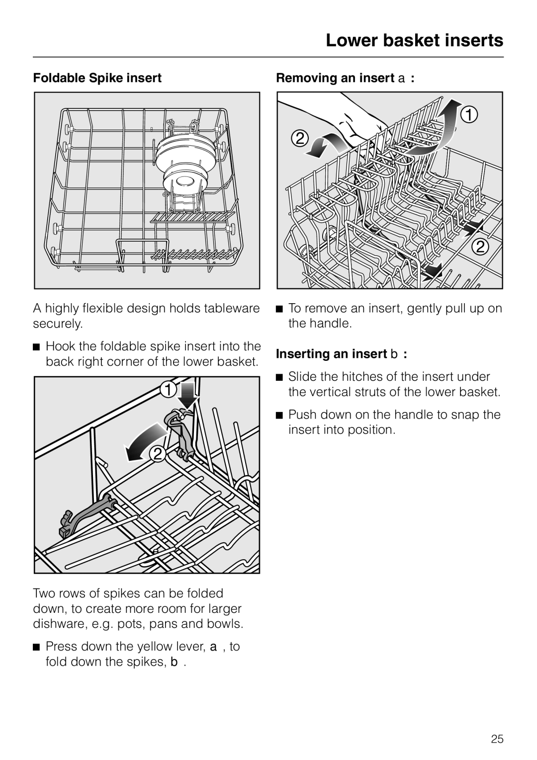 Miele G 2470, G 1470 manual Foldable Spike insert, Removing an insert a, Inserting an insert b 