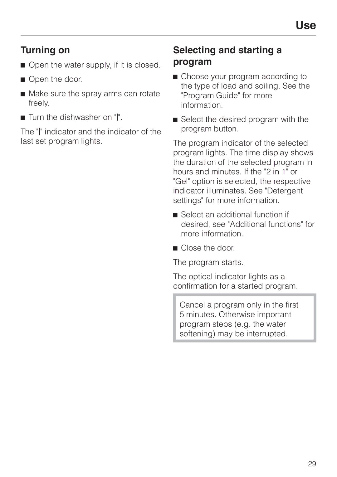 Miele G 2470, G 1470 manual Turning on, Selecting and starting a program 