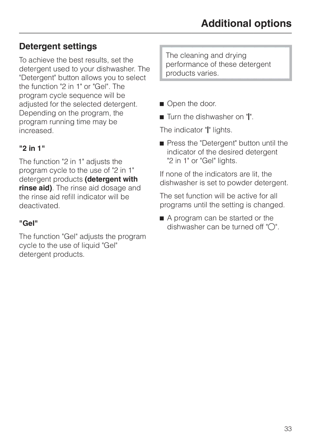 Miele G 2470, G 1470 manual Additional options, Detergent settings, Gel 