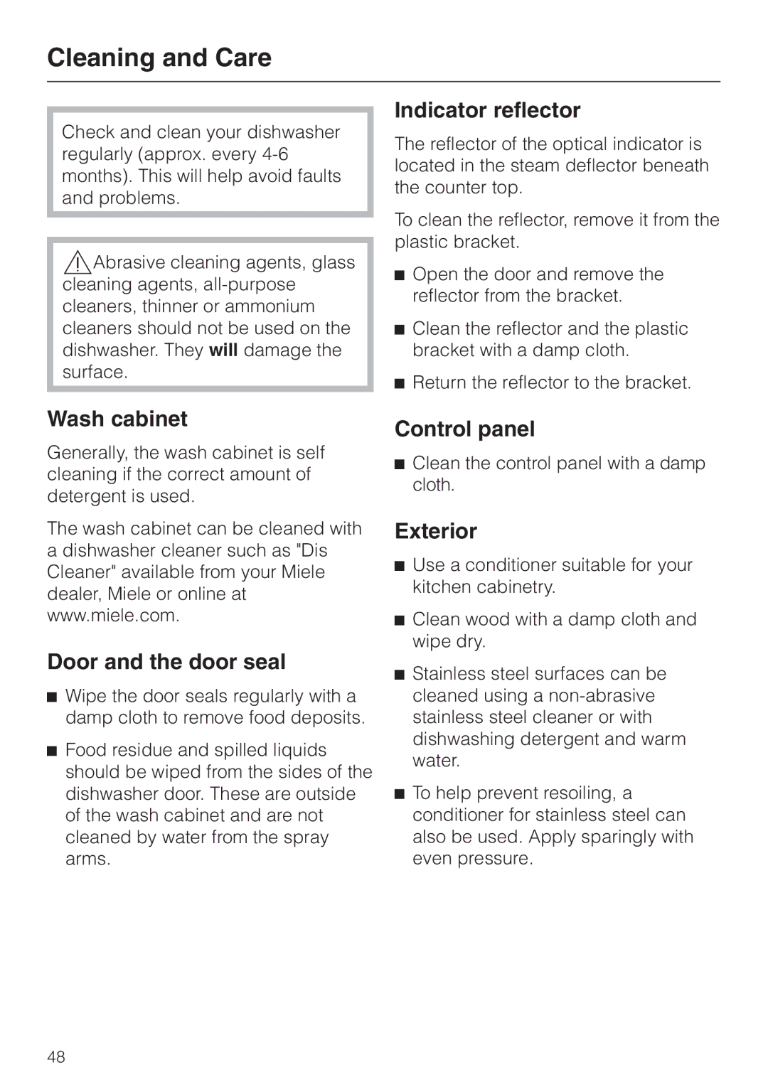 Miele G 1470, G 2470 manual Cleaning and Care, Indicator reflector, Wash cabinet, Door and the door seal, Exterior 