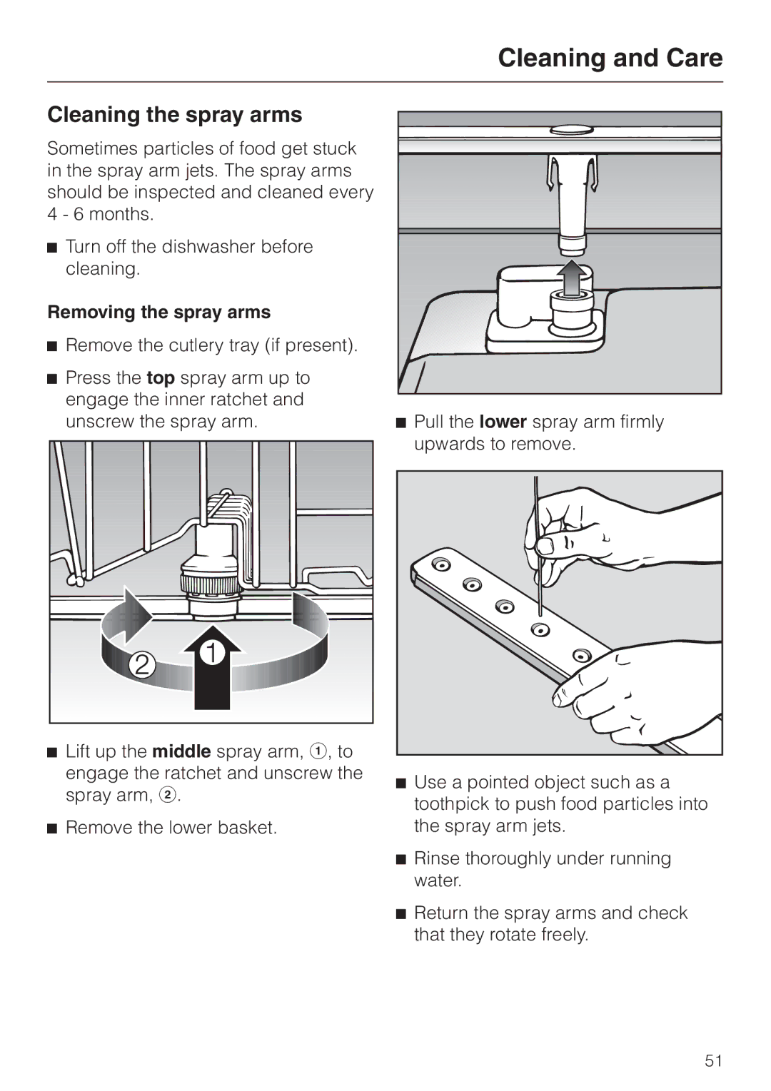 Miele G 2470, G 1470 manual Cleaning the spray arms, Removing the spray arms 