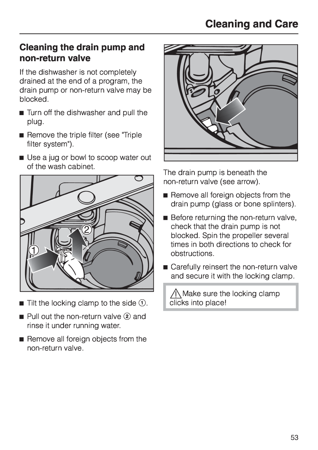Miele G 2470, G 1470 manual Cleaning the drain pump and non-returnvalve, Cleaning and Care 