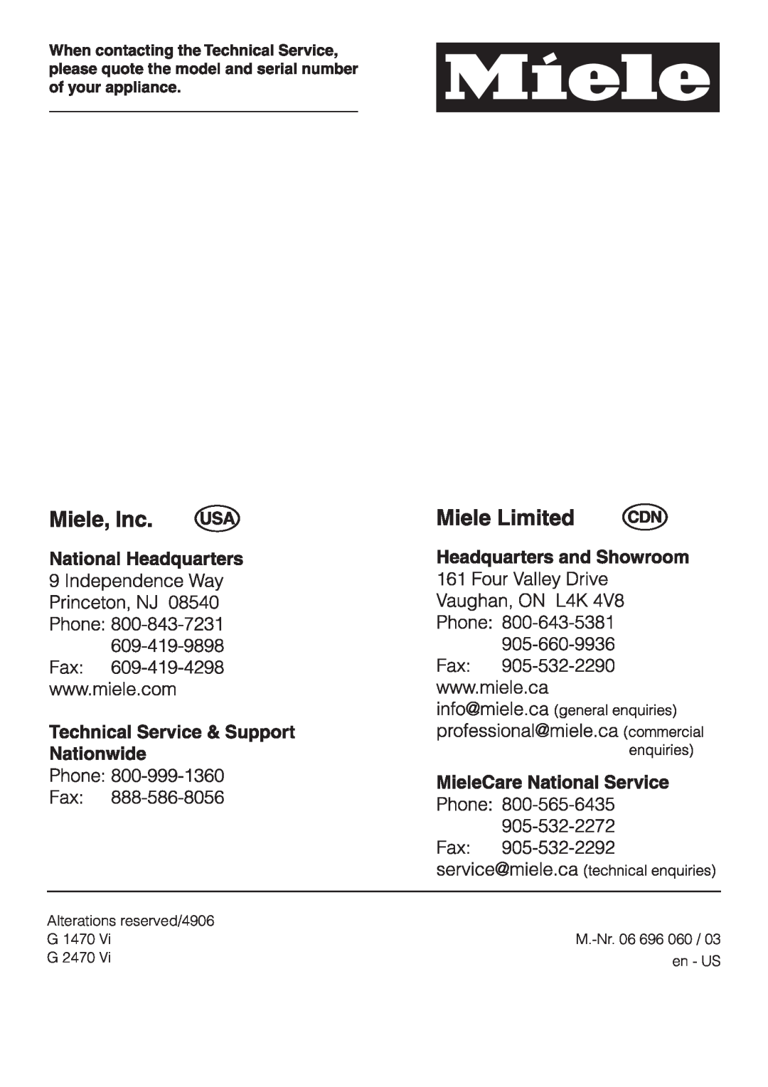 Miele G 1470, G 2470 manual Alterations reserved/4906, en - US, M.-Nr.06 