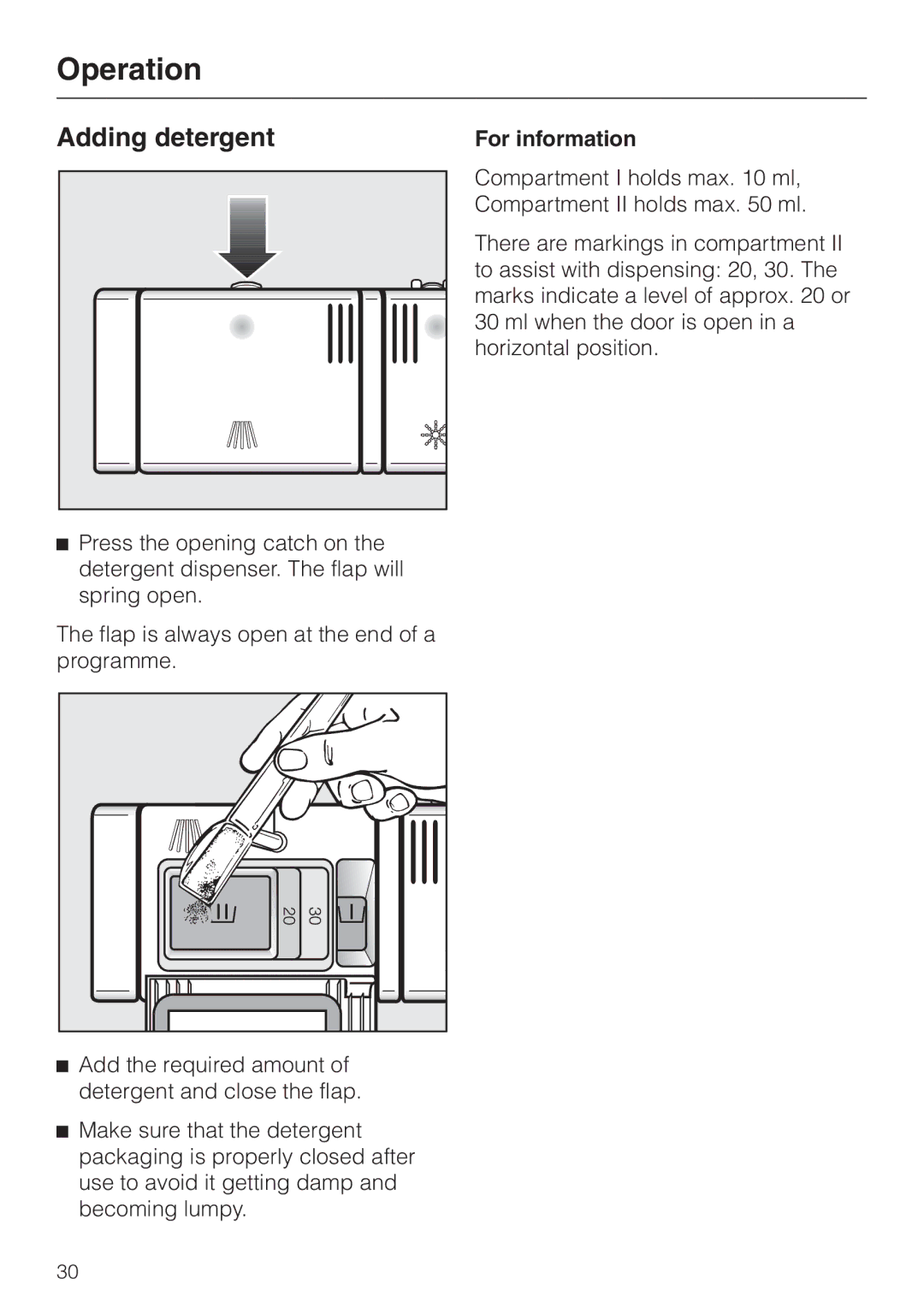 Miele G 1XXX manual Adding detergent, For information 