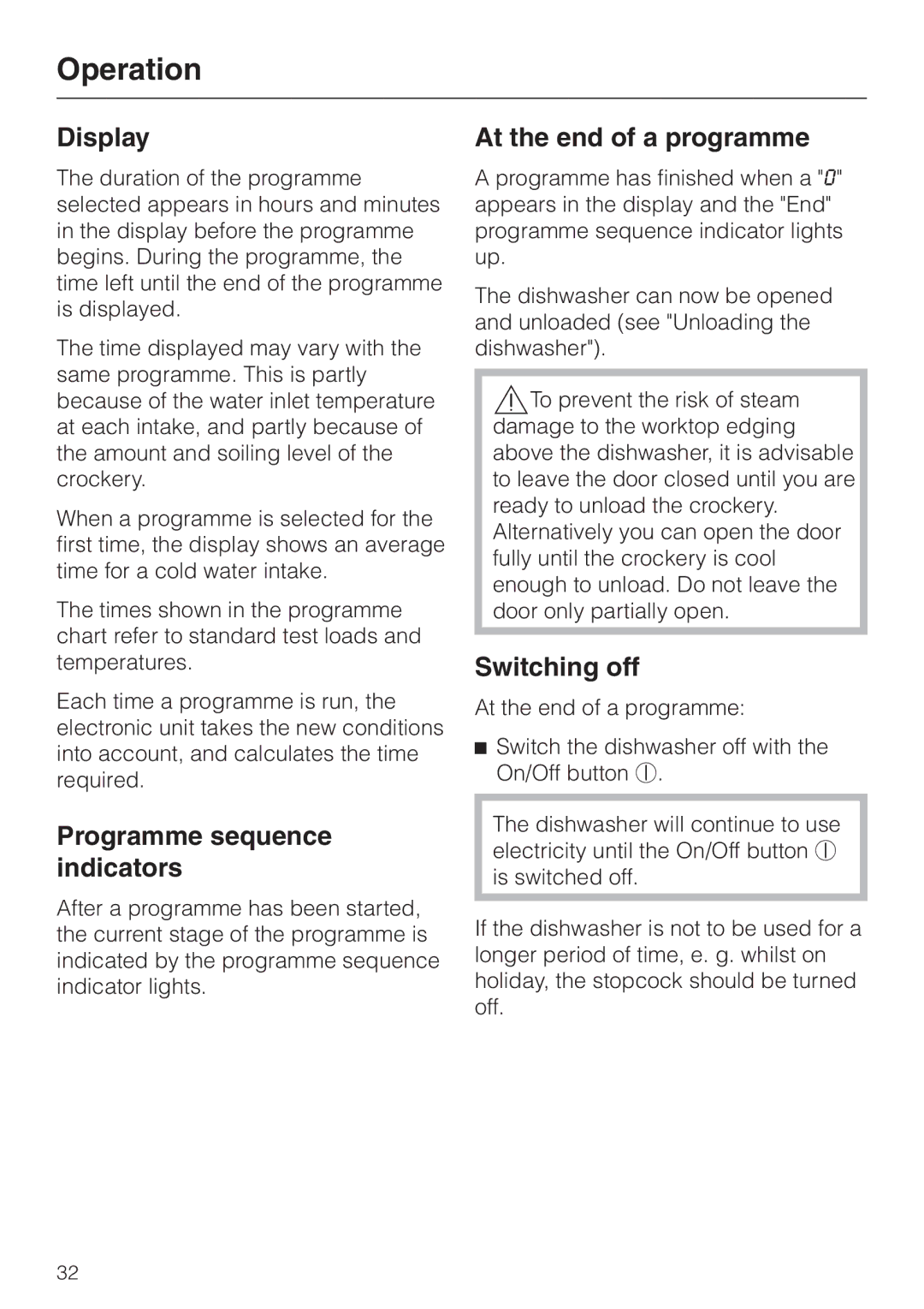 Miele G 1XXX manual Display, Programme sequence indicators, At the end of a programme, Switching off 