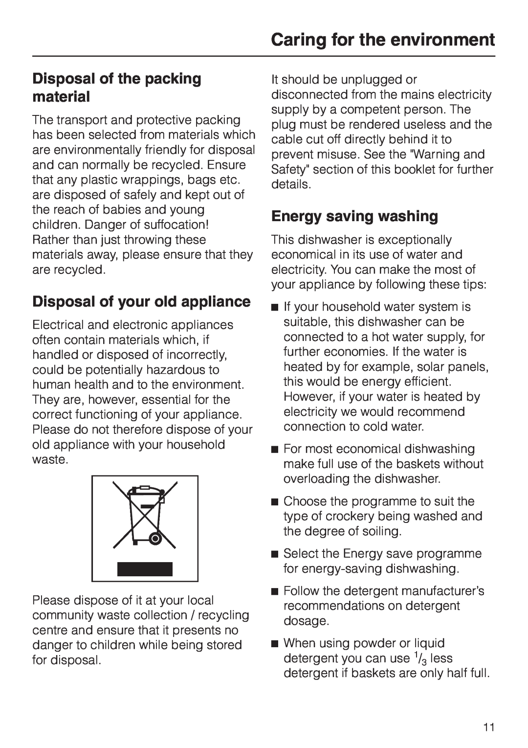 Miele G 1XXX manual Caring for the environment, Disposal of the packing material, Energy saving washing 