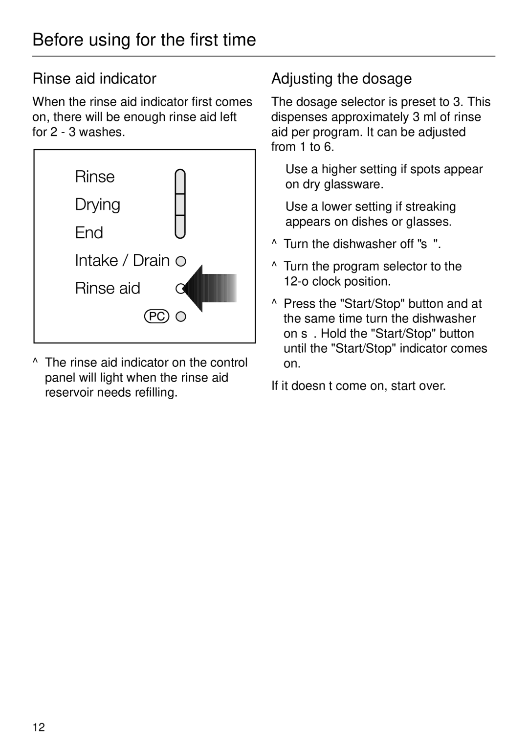 Miele G 2020 manual Rinse aid indicator, Adjusting the dosage 