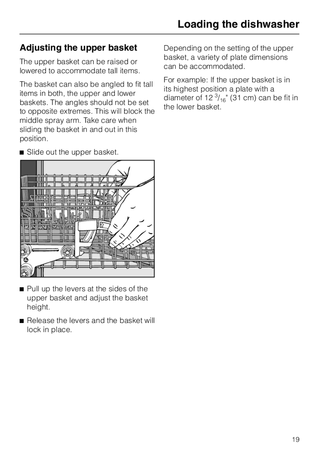 Miele G 2020 manual Adjusting the upper basket, Slide out the upper basket 